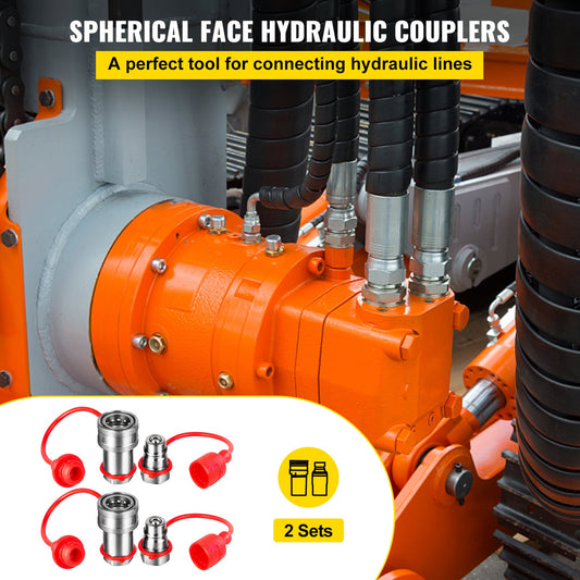 Heavy-Duty 3/8" NPT Spherical Hydraulic Quick Connect Couplers with Dust Caps, 4061 PSI for Skid Steer, Bobcat, Case (ISO 5675)