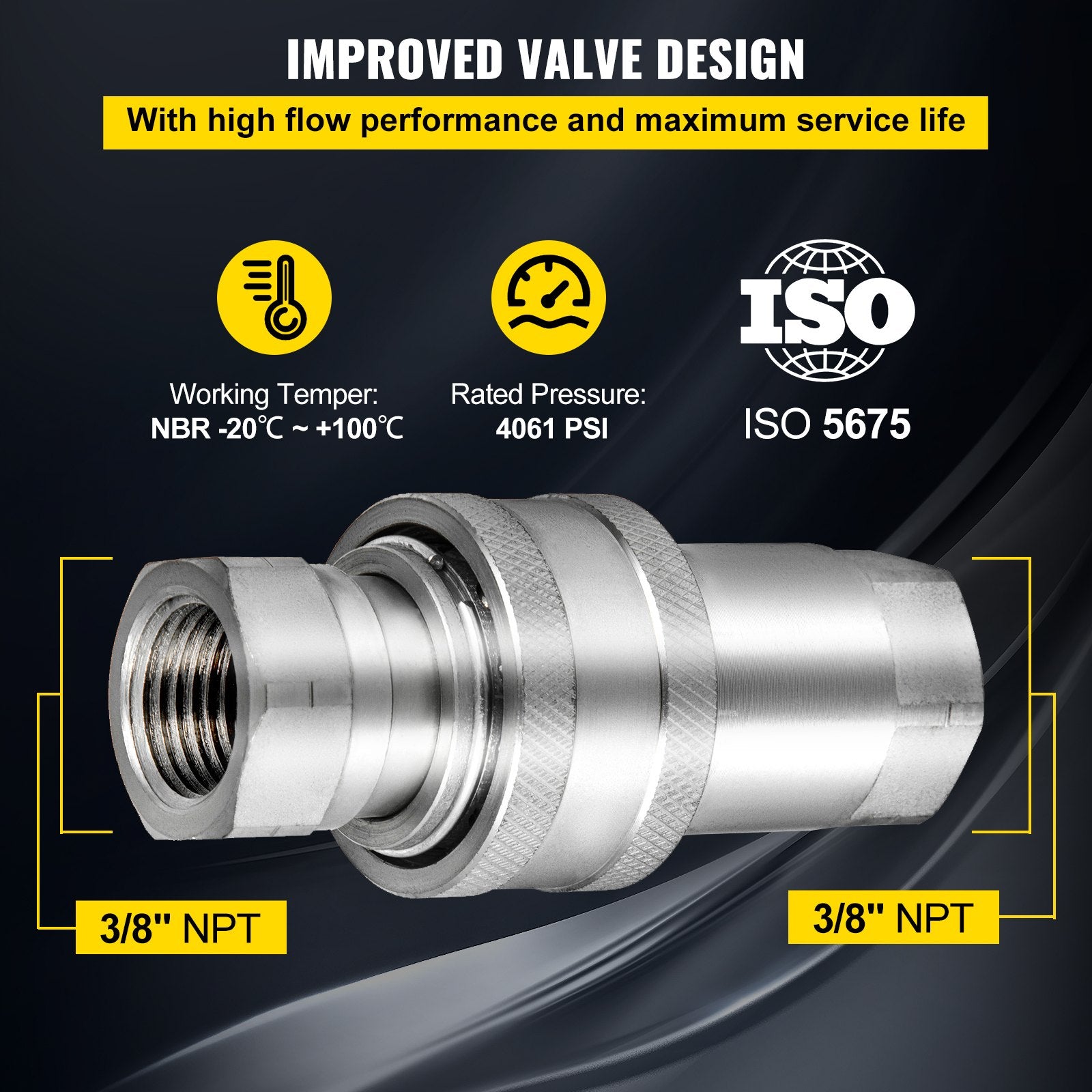 Heavy-Duty 3/8" NPT Spherical Hydraulic Quick Connect Couplers with Dust Caps, 4061 PSI for Skid Steer, Bobcat, Case (ISO 5675)