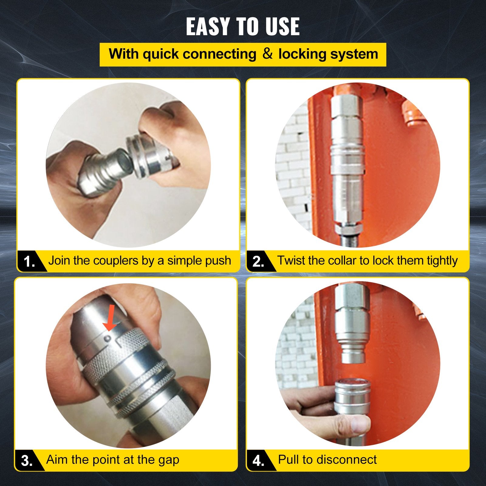 Heavy-Duty 3/8" NPT Spherical Hydraulic Quick Connect Couplers with Dust Caps, 4061 PSI for Skid Steer, Bobcat, Case (ISO 5675)