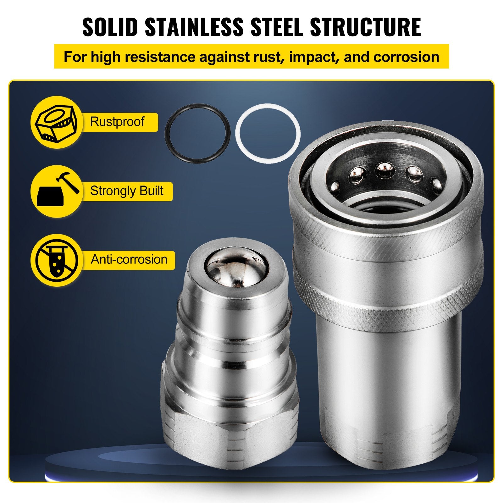 Heavy-Duty 3/8" NPT Spherical Hydraulic Quick Connect Couplers with Dust Caps, 4061 PSI for Skid Steer, Bobcat, Case (ISO 5675)