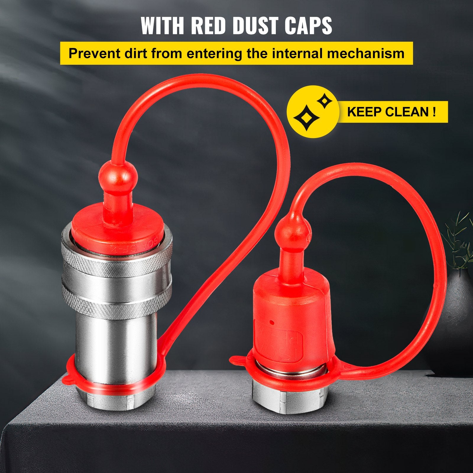 Heavy-Duty 3/8" NPT Spherical Hydraulic Quick Connect Couplers with Dust Caps, 4061 PSI for Skid Steer, Bobcat, Case (ISO 5675)
