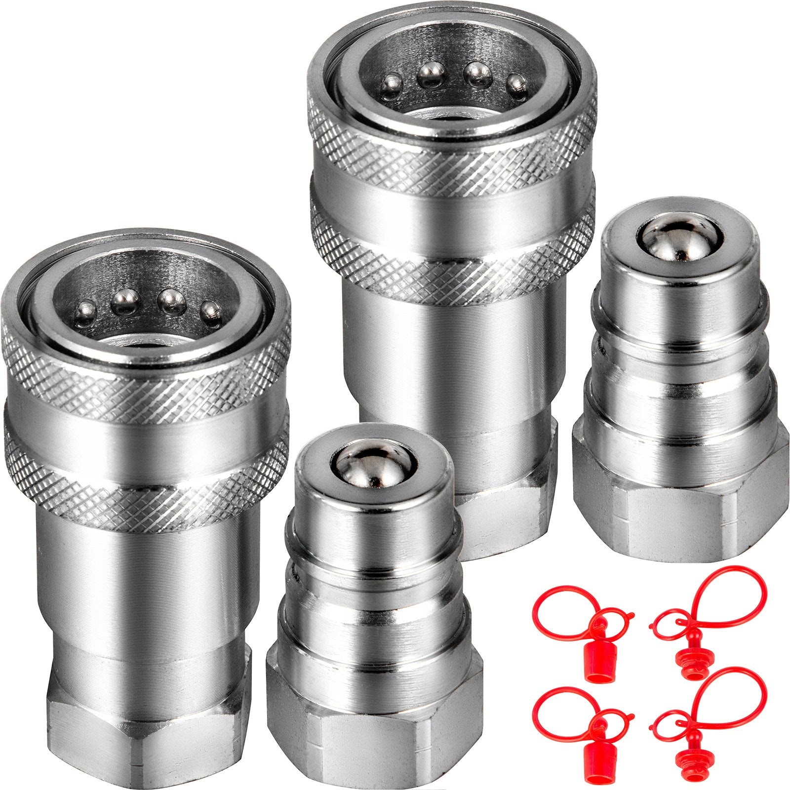 Heavy-Duty 3/8" NPT Spherical Hydraulic Quick Connect Couplers with Dust Caps, 4061 PSI for Skid Steer, Bobcat, Case (ISO 5675)