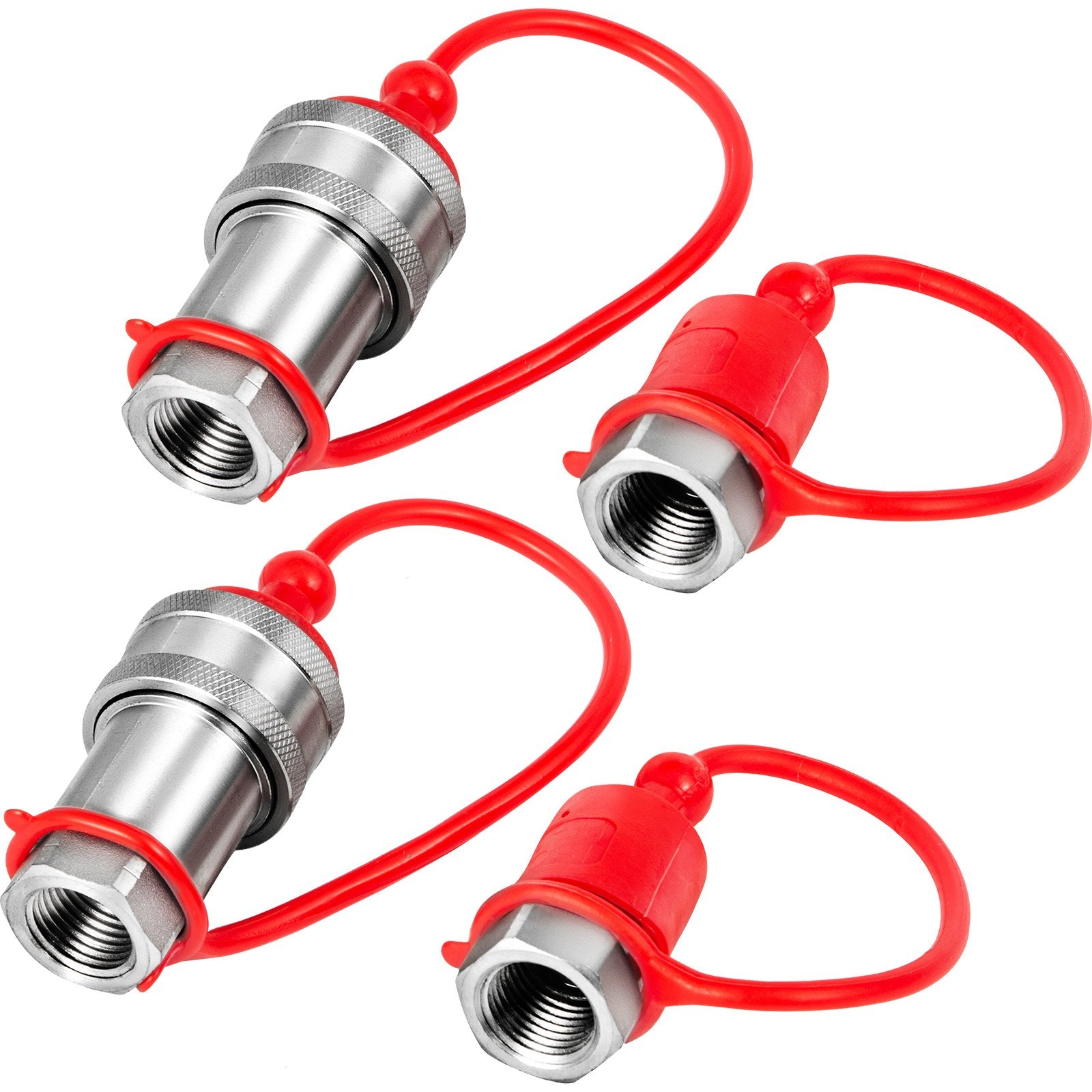 Heavy-Duty 3/8" NPT Spherical Hydraulic Quick Connect Couplers with Dust Caps, 4061 PSI for Skid Steer, Bobcat, Case (ISO 5675)