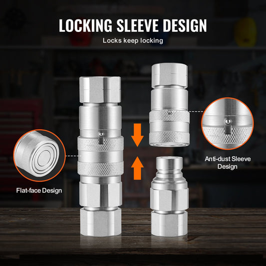 1/2" Flat Face Hydraulic Quick Connect Couplers, 3/4 SAE, ISO16028, Heavy-Duty Steel, Dust Caps, High Pressure Flow, Skid Steer Compatible