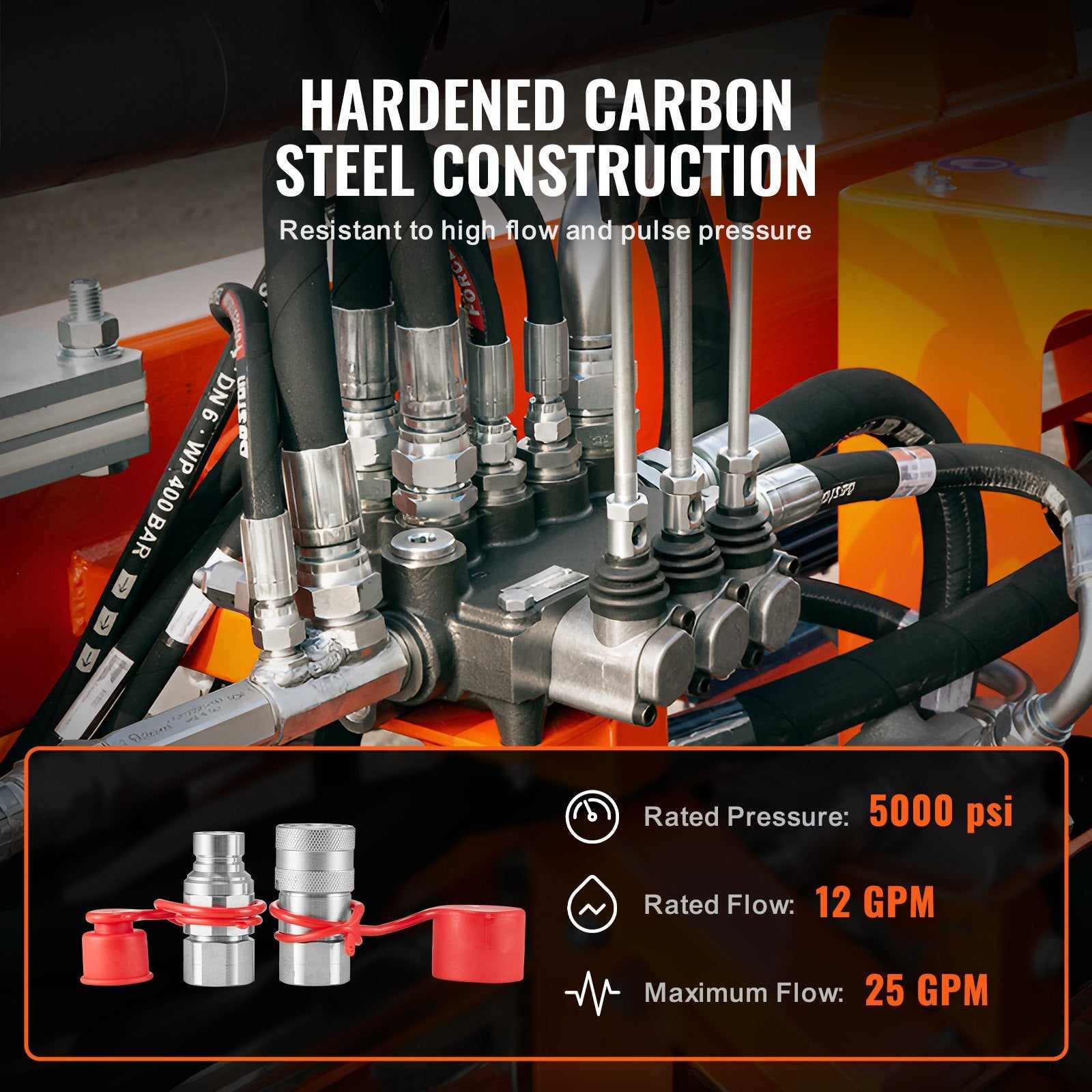 1/2" Flat Face Hydraulic Quick Connect Couplers, 3/4 SAE, ISO16028, Heavy-Duty Steel, Dust Caps, High Pressure Flow, Skid Steer Compatible