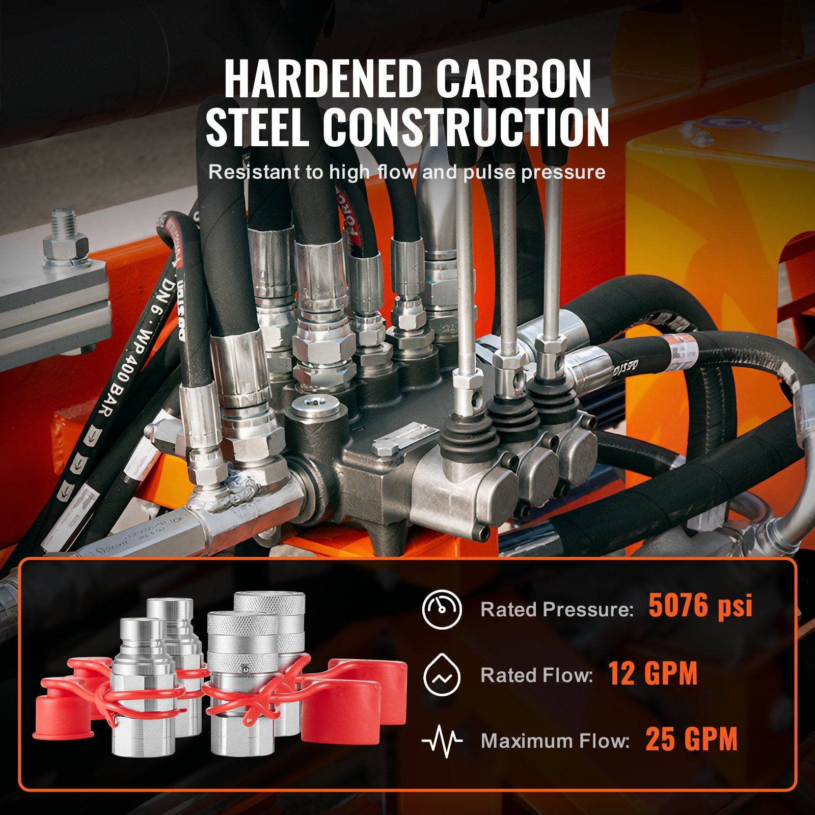 1/2" NPT Flat Face Hydraulic Quick Connect Couplers for Skid Steer, 4 Dust Caps, ISO16028, Heavy-Duty 5076 PSI, 12 GPM Flow Rate