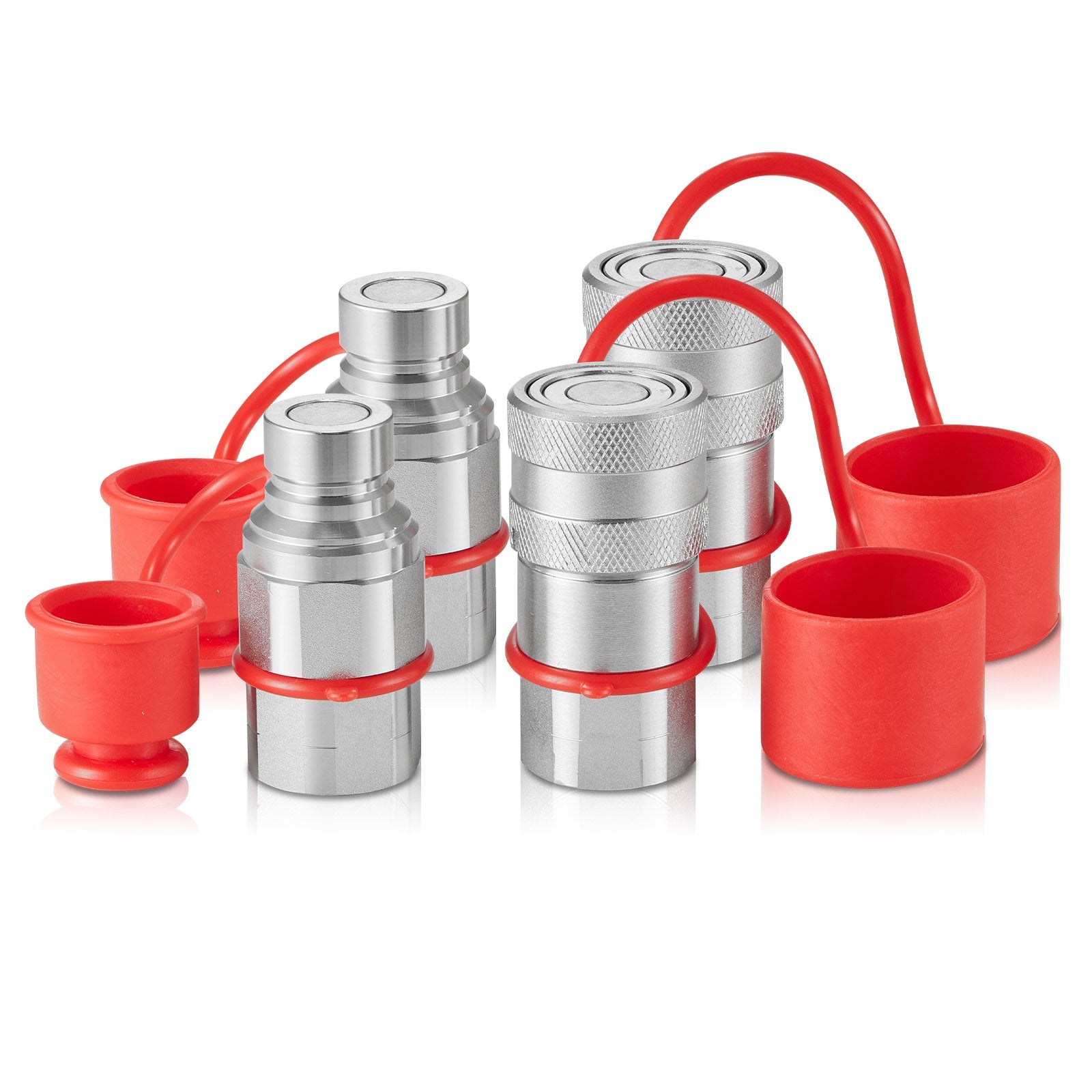 1/2" NPT Flat Face Hydraulic Quick Connect Couplers for Skid Steer, 4 Dust Caps, ISO16028, Heavy-Duty 5076 PSI, 12 GPM Flow Rate