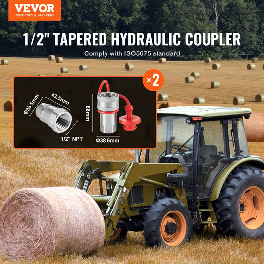 Heavy-Duty 1/2 Tapered Hydraulic Quick Connect Couplers, NPT Skid Steer with 4 Dust Caps, ISO5675, 4000 PSI, High Flow Compatibility"