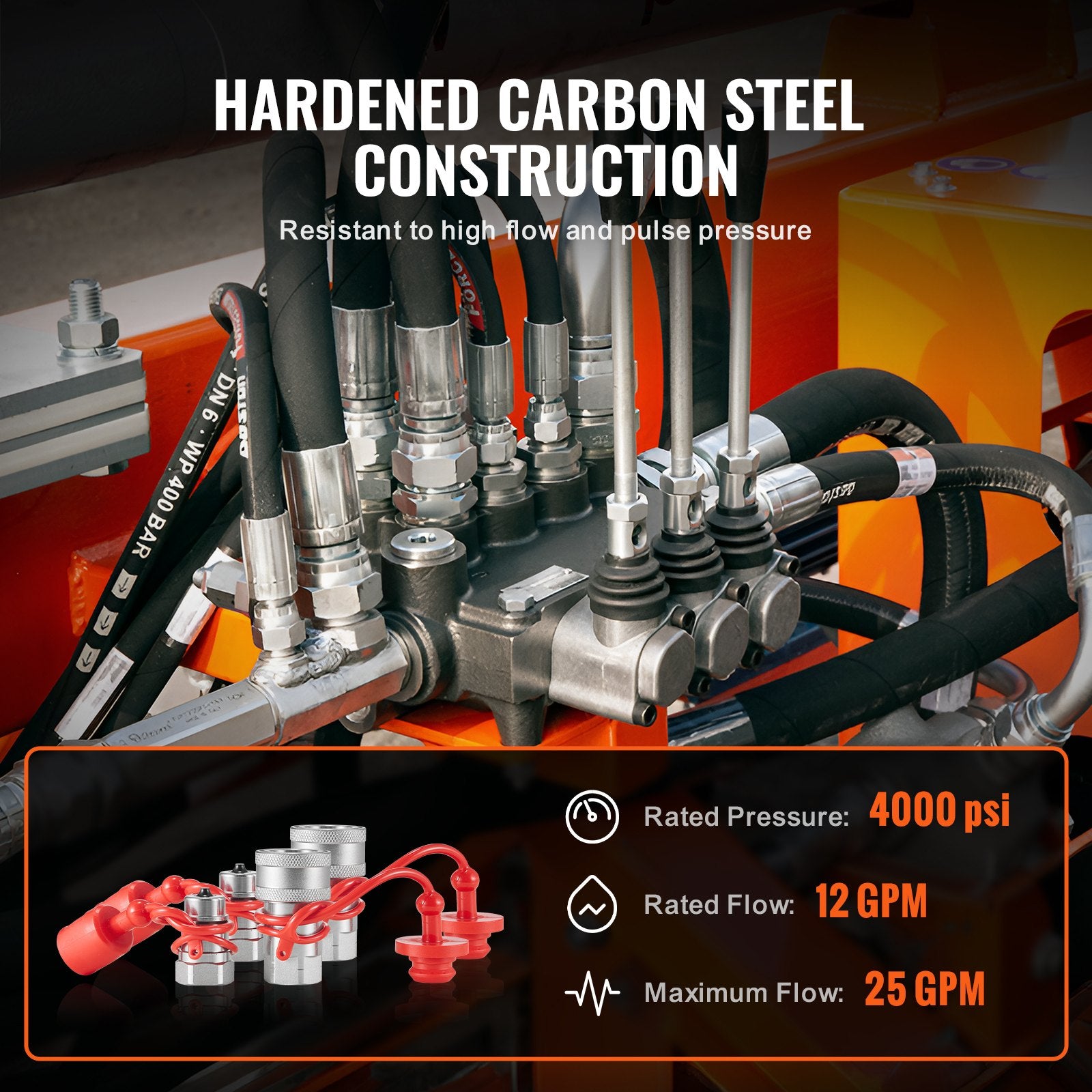 Heavy-Duty 1/2 Tapered Hydraulic Quick Connect Couplers, NPT Skid Steer with 4 Dust Caps, ISO5675, 4000 PSI, High Flow Compatibility"