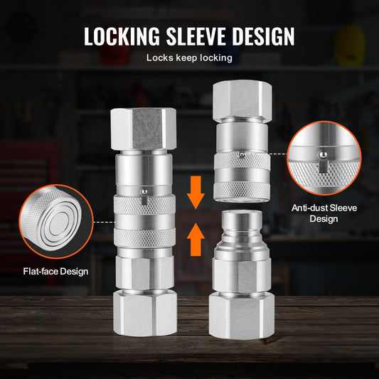 1/2" NPT Flat Face Hydraulic Quick Connect Couplers with Dust Caps, ISO16028 Compliant, Premium Steel, High Pressure Rated, Leak Prevention