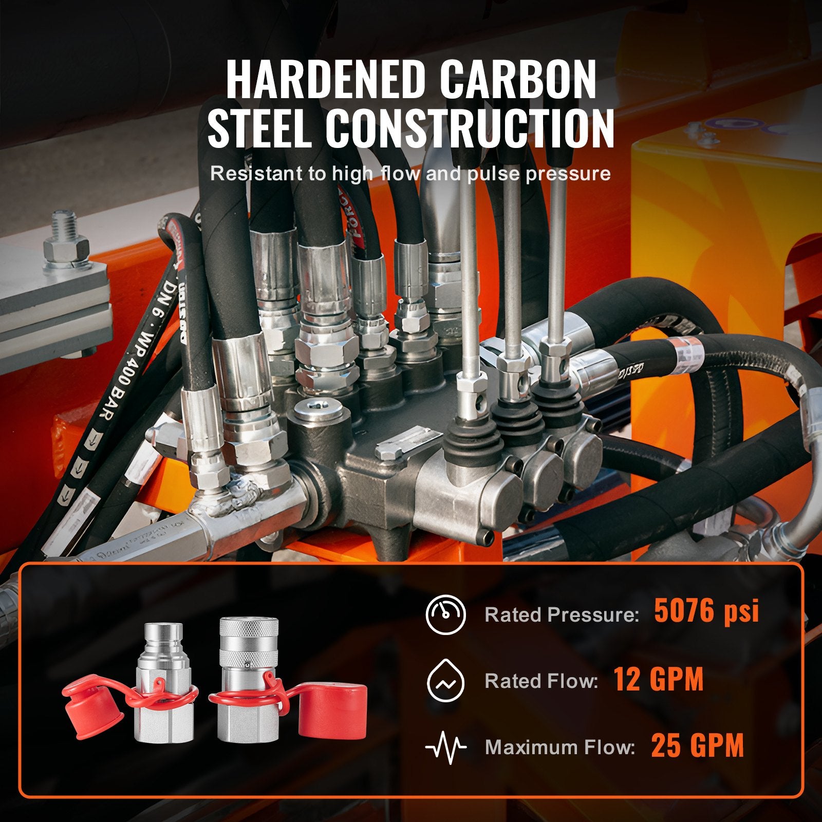 1/2" NPT Flat Face Hydraulic Quick Connect Couplers with Dust Caps, ISO16028 Compliant, Premium Steel, High Pressure Rated, Leak Prevention