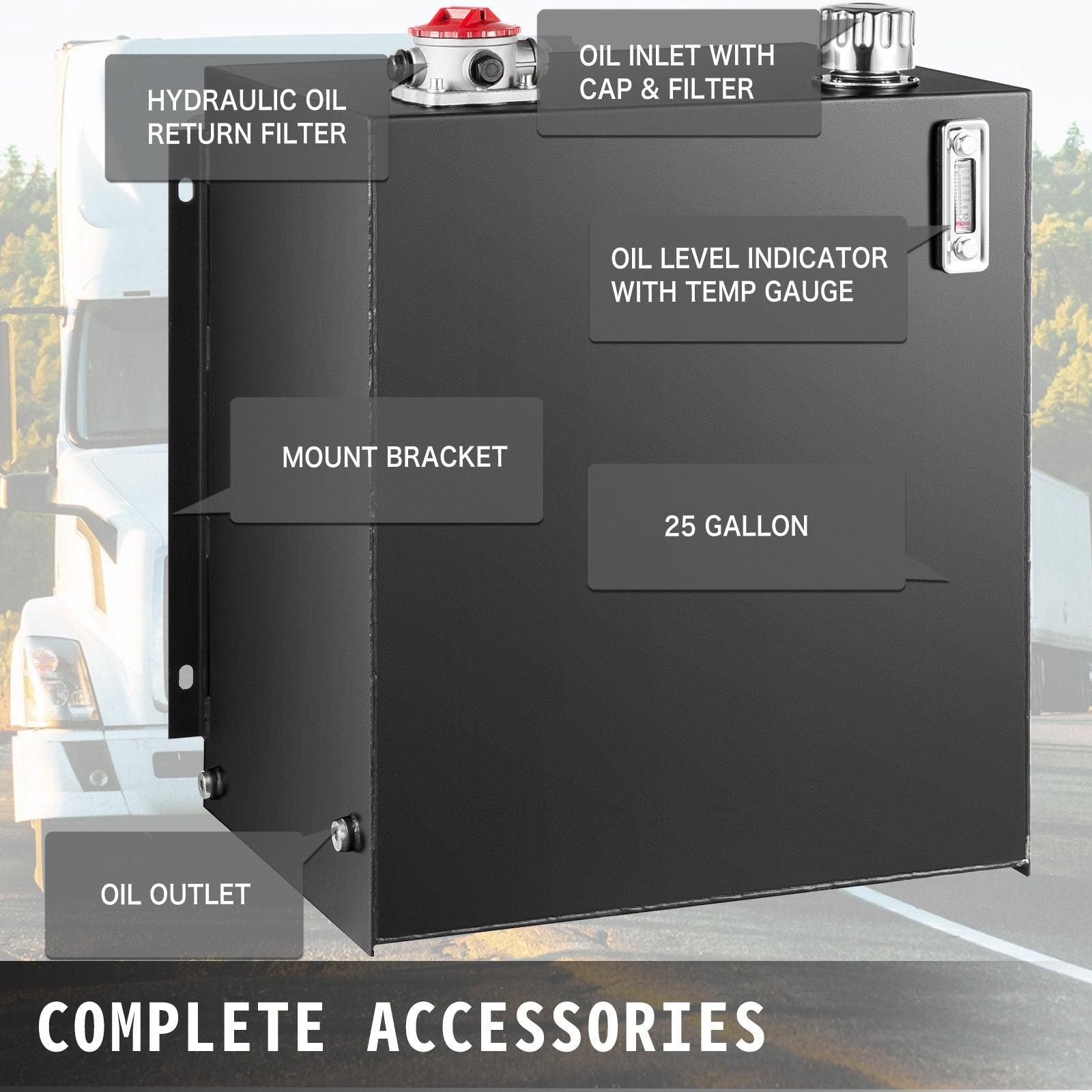 Heavy Duty 25Gal Hydraulic Oil & Fuel Tank Reservoir - Steel Construction with Strainer, Gauge, and Breather Cap for Tractors & Trucks