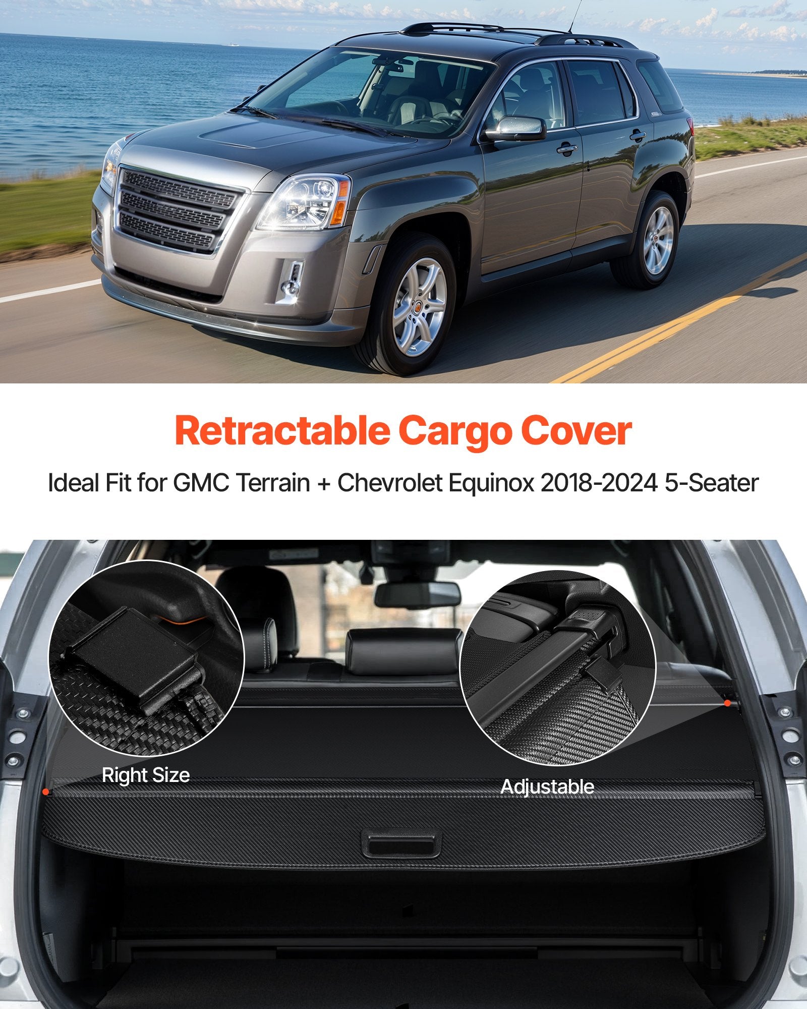 Extended Retractable Cargo Cover with Carbon Fiber Texture, Anti-Peeping Shield for GMC Terrain & Chevrolet Equinox 2018-2024, Seamless Fit