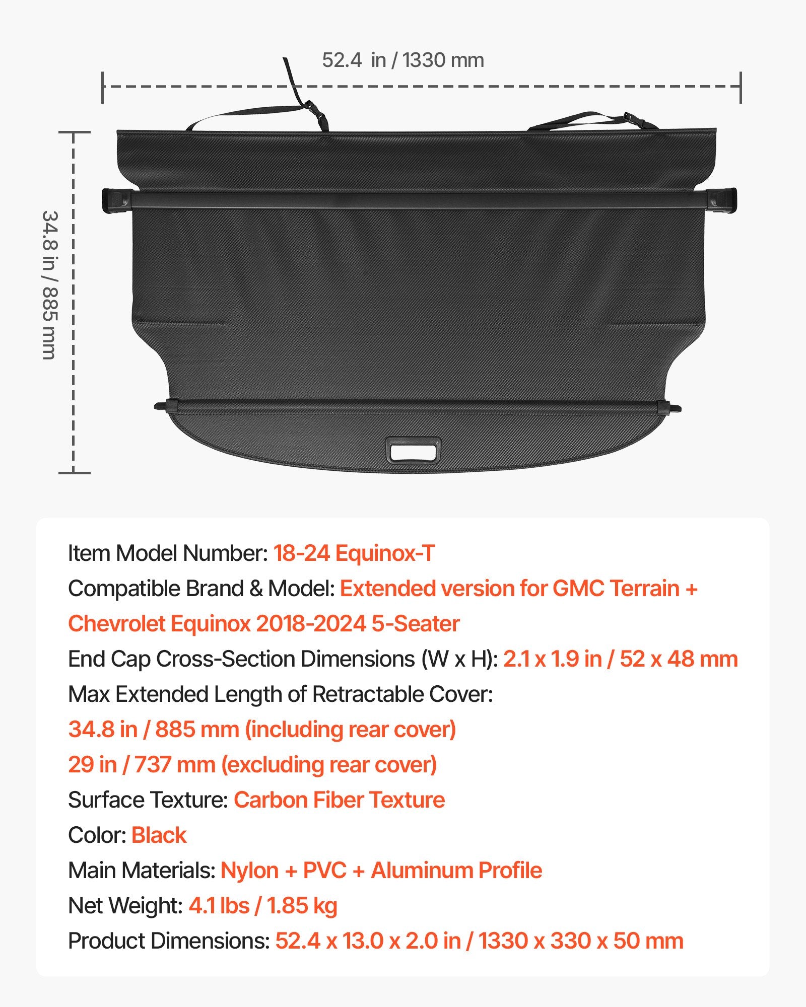 Extended Retractable Cargo Cover with Carbon Fiber Texture, Anti-Peeping Shield for GMC Terrain & Chevrolet Equinox 2018-2024, Seamless Fit