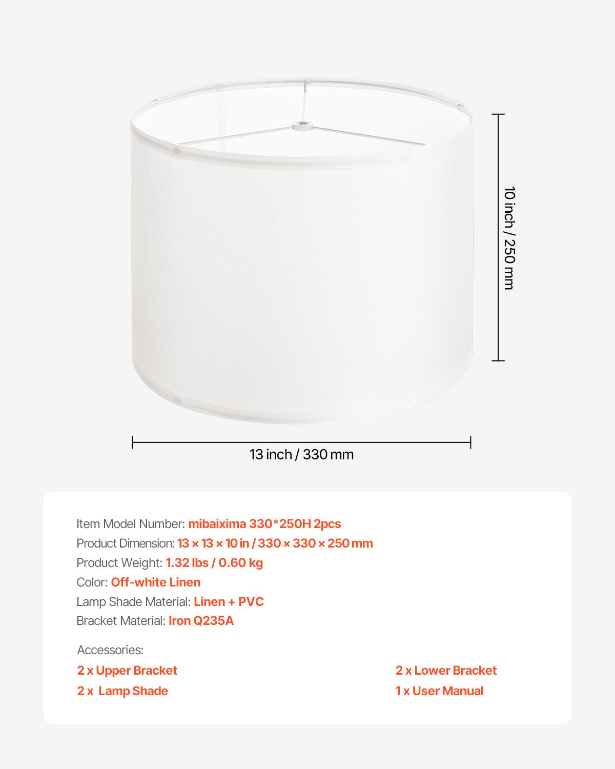 Set of 2 Off-White Drum Lamp Shades, 13"x13"x10", Linen for Table/Floor Lamps & Pendant Lights with Easy Assembly & Elegant Design