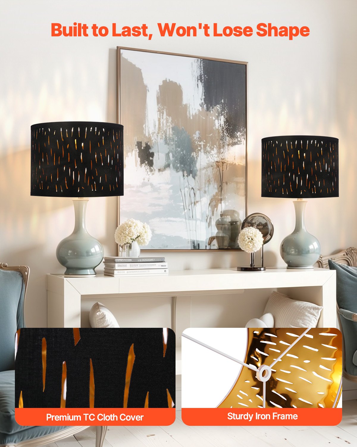 Set of 2 Black Drum Lamp Shades with Harp, 13x13x10 in, Elegant Meteor Shower Design for Table, Floor, Pendant Lamps, Easy Install