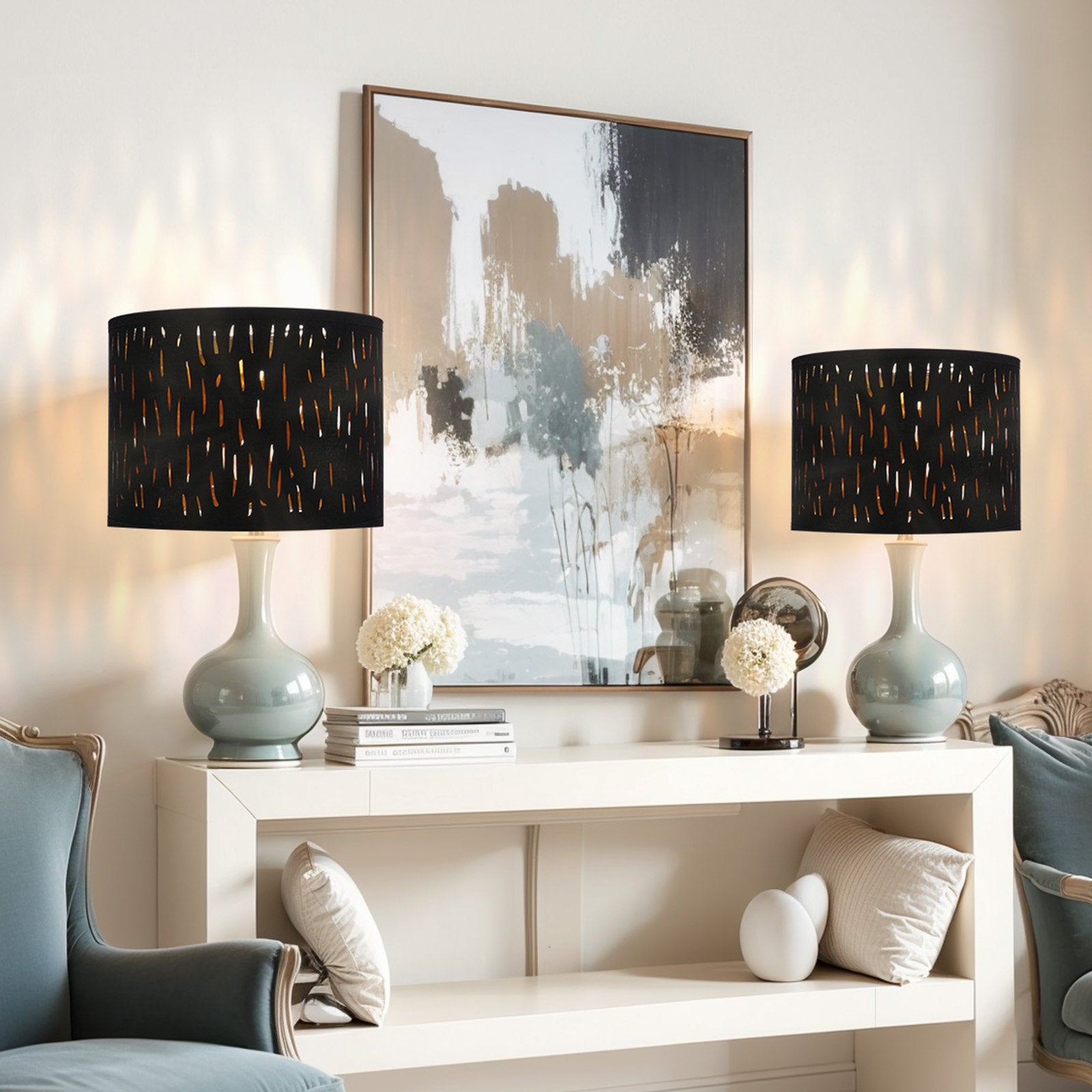 Set of 2 Black Drum Lamp Shades with Harp, 13x13x10 in, Elegant Meteor Shower Design for Table, Floor, Pendant Lamps, Easy Install
