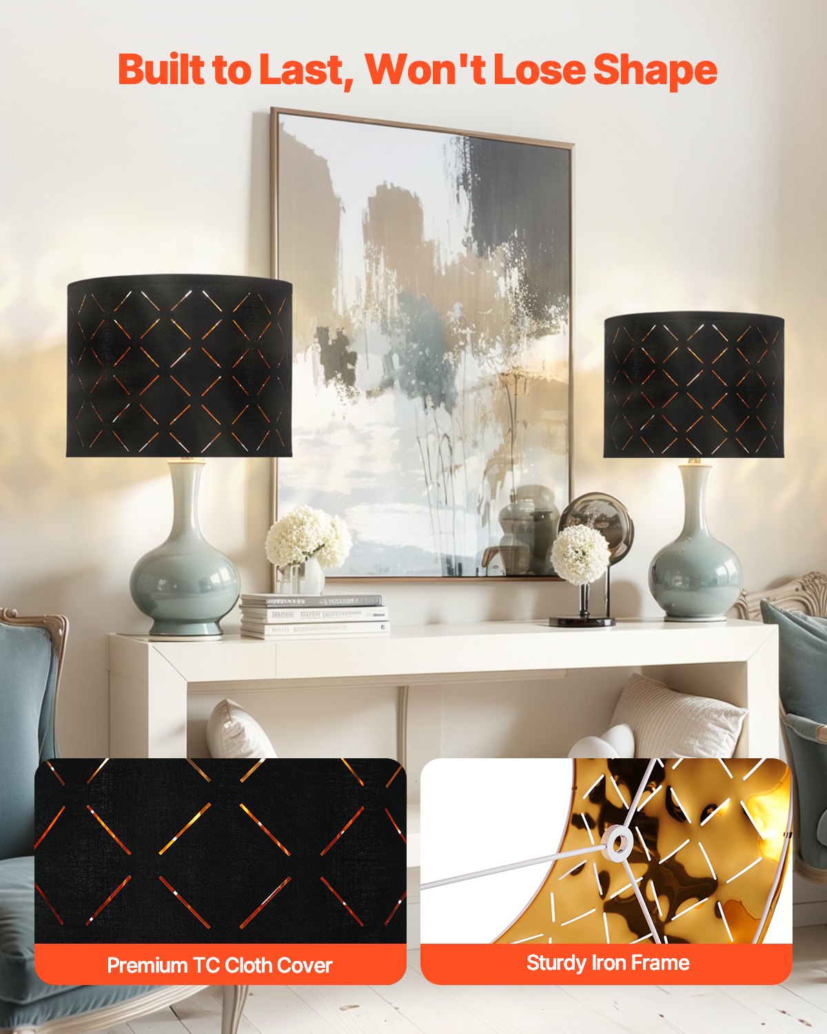 Elegant Black Diamond Drum Lamp Shade Set - Ideal for Table, Floor, Pendant Lamps - 13x13x10 Inch, Easy Install, Durable Design, Gold Interior