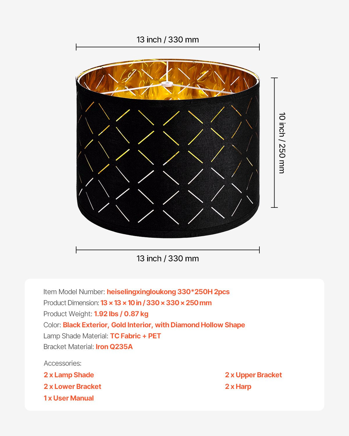 Elegant Black Diamond Drum Lamp Shade Set - Ideal for Table, Floor, Pendant Lamps - 13x13x10 Inch, Easy Install, Durable Design, Gold Interior