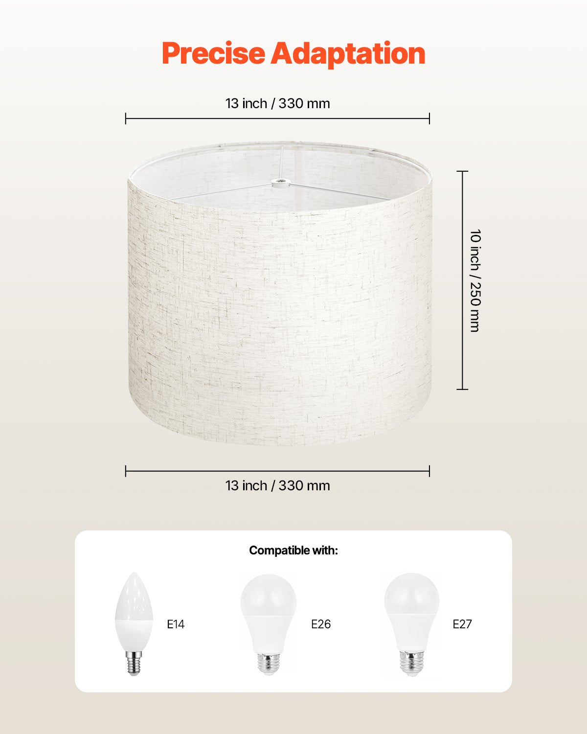 Medium Drum Lamp Shade, Light Linen, 13"x13"x10" for Table, Floor, Pendant Lamps - Easy Assembly, Durable Linen & PVC Design