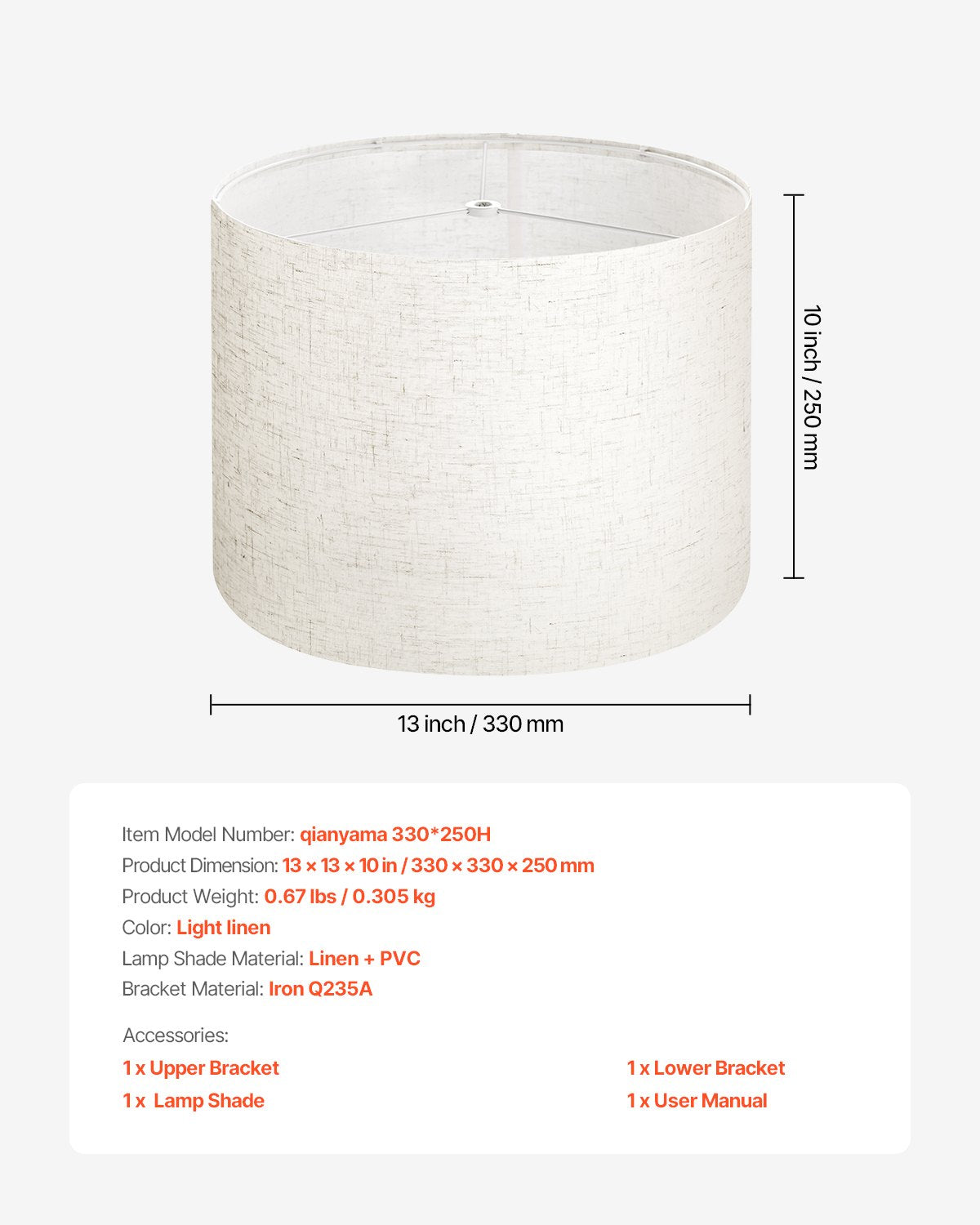 Medium Drum Lamp Shade, Light Linen, 13"x13"x10" for Table, Floor, Pendant Lamps - Easy Assembly, Durable Linen & PVC Design