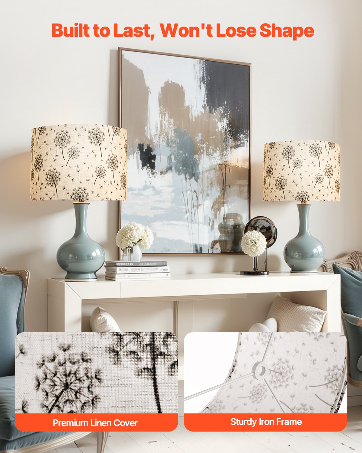 Set of 2 Drum Lamp Shades, 13"x13"x10" Medium Linen Shades for Table & Floor Lamps, Light Dandelion Pattern, Easy Assembly, Durable & Elegant Design
