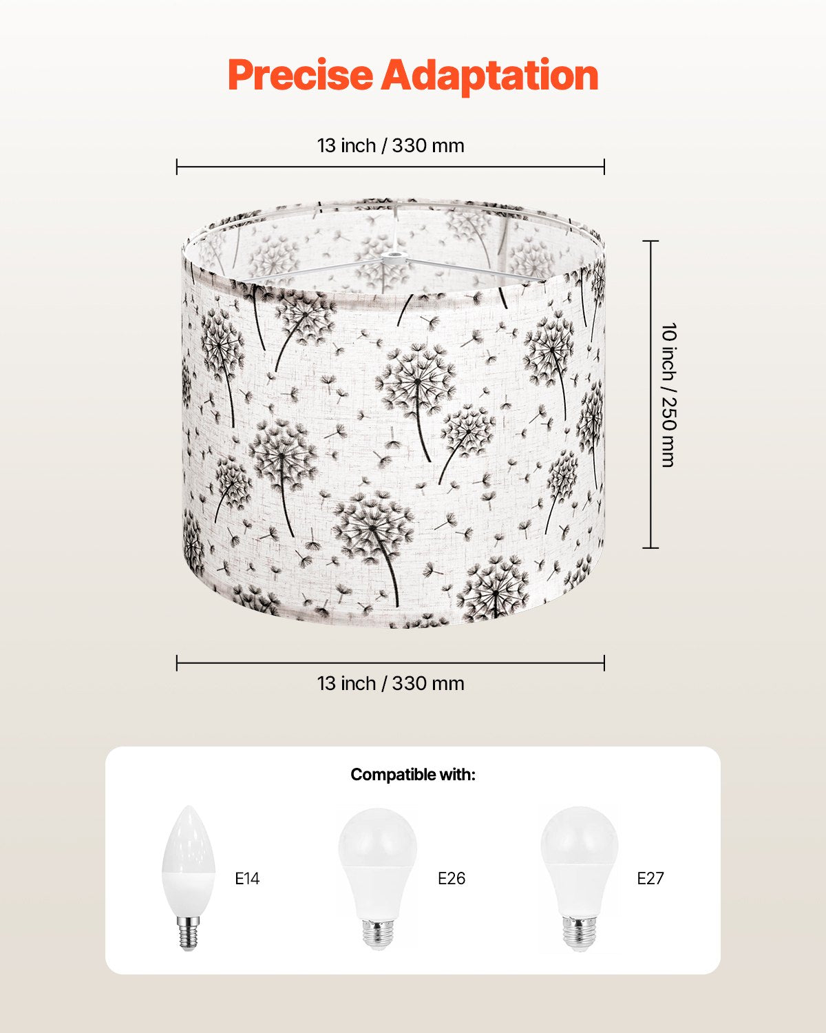 Set of 2 Drum Lamp Shades, 13"x13"x10" Medium Linen Shades for Table & Floor Lamps, Light Dandelion Pattern, Easy Assembly, Durable & Elegant Design