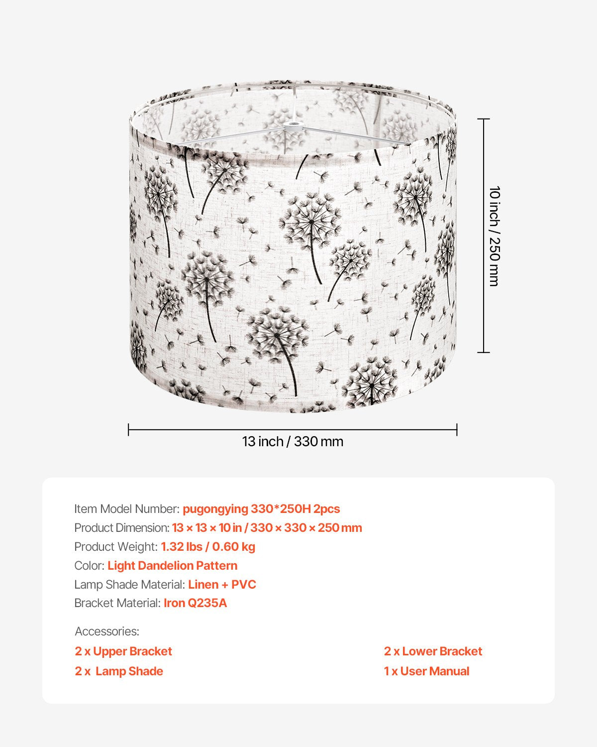 Set of 2 Drum Lamp Shades, 13"x13"x10" Medium Linen Shades for Table & Floor Lamps, Light Dandelion Pattern, Easy Assembly, Durable & Elegant Design