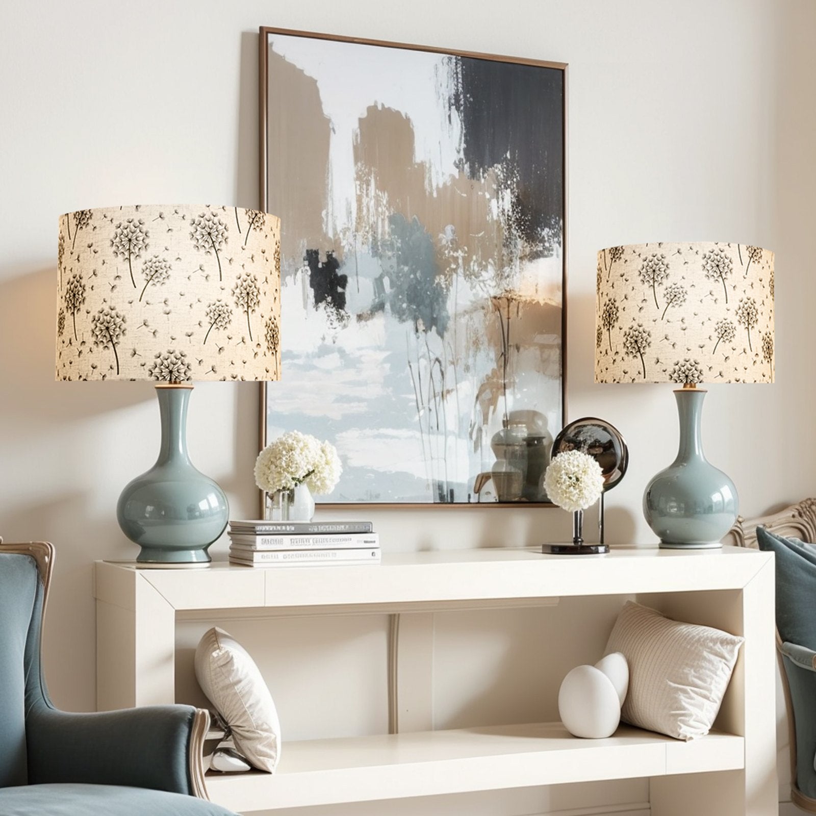Set of 2 Drum Lamp Shades, 13"x13"x10" Medium Linen Shades for Table & Floor Lamps, Light Dandelion Pattern, Easy Assembly, Durable & Elegant Design