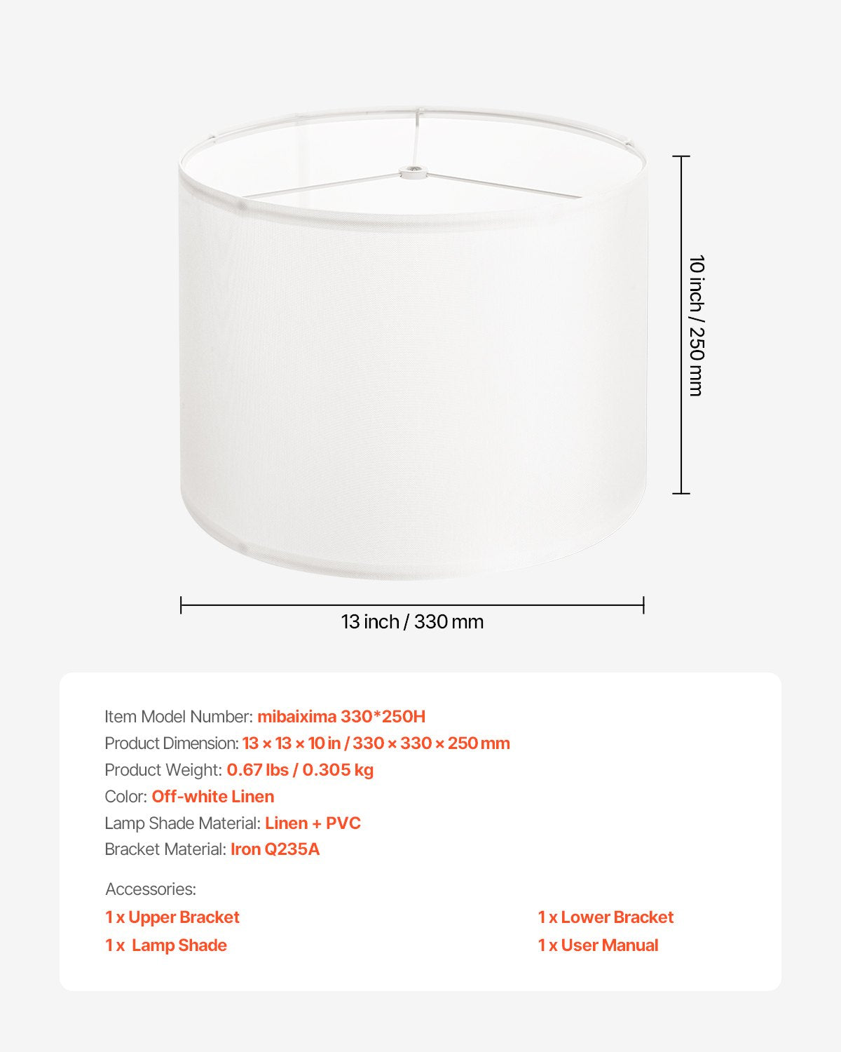 Elegant Off-White Linen Drum Lamp Shade - 13"x13"x10" for Table Lamps, Floor Lamps, Pendant Lights - Easy to Assemble, Perfect Light Diffusion