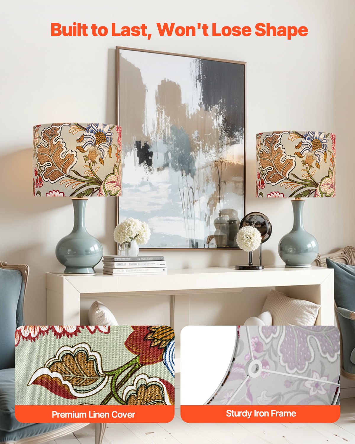 Elegant Dark Floral Drum Lampshade Set of 2, 13"x13"x10", Versatile Linen Shade for Table, Floor, and Pendant Lamps, Easy Assembly