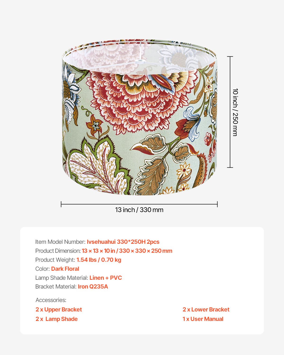 Elegant Dark Floral Drum Lampshade Set of 2, 13"x13"x10", Versatile Linen Shade for Table, Floor, and Pendant Lamps, Easy Assembly
