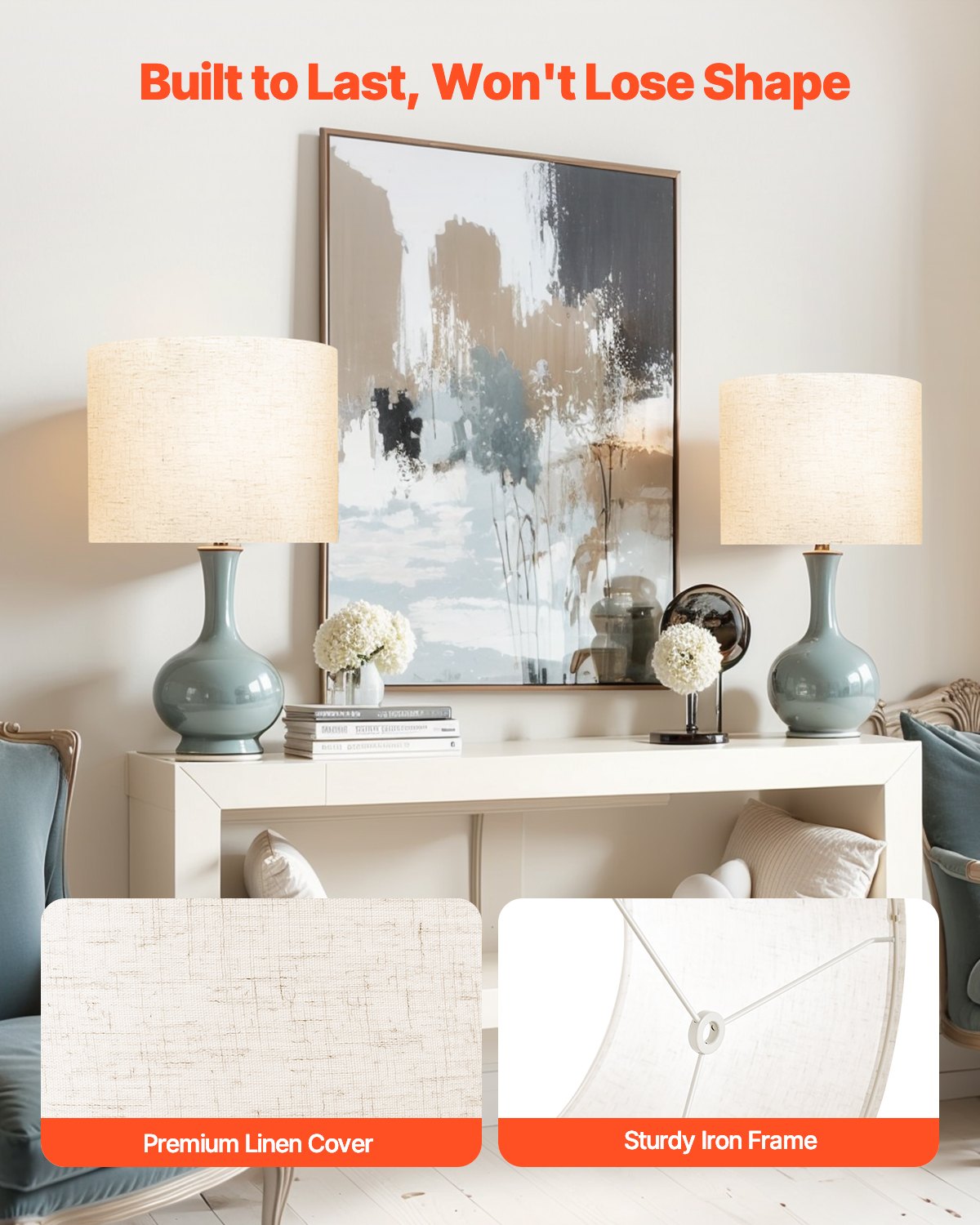 Set of 2 Medium Drum Linen Lamp Shades, 13" x 10" - Easy Install for Table, Floor, Pendant Lamps - Light Linen, Durable, Elegant Design