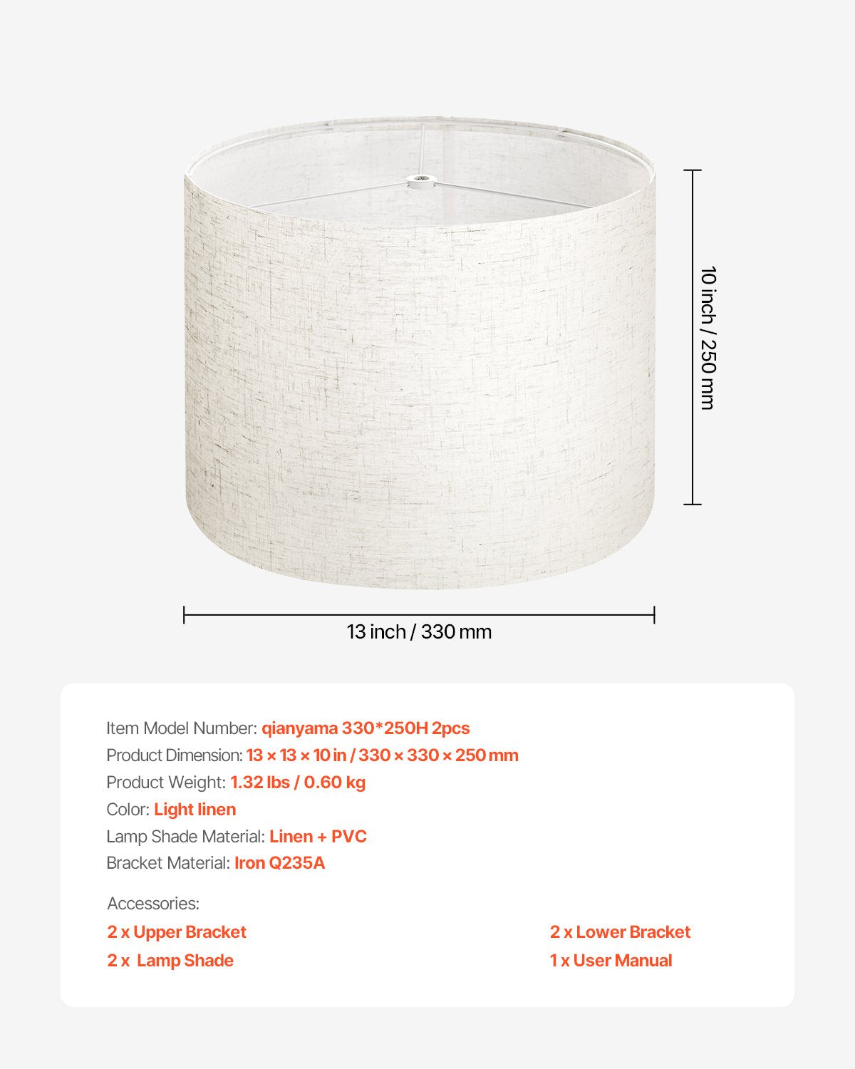 Set of 2 Medium Drum Linen Lamp Shades, 13" x 10" - Easy Install for Table, Floor, Pendant Lamps - Light Linen, Durable, Elegant Design