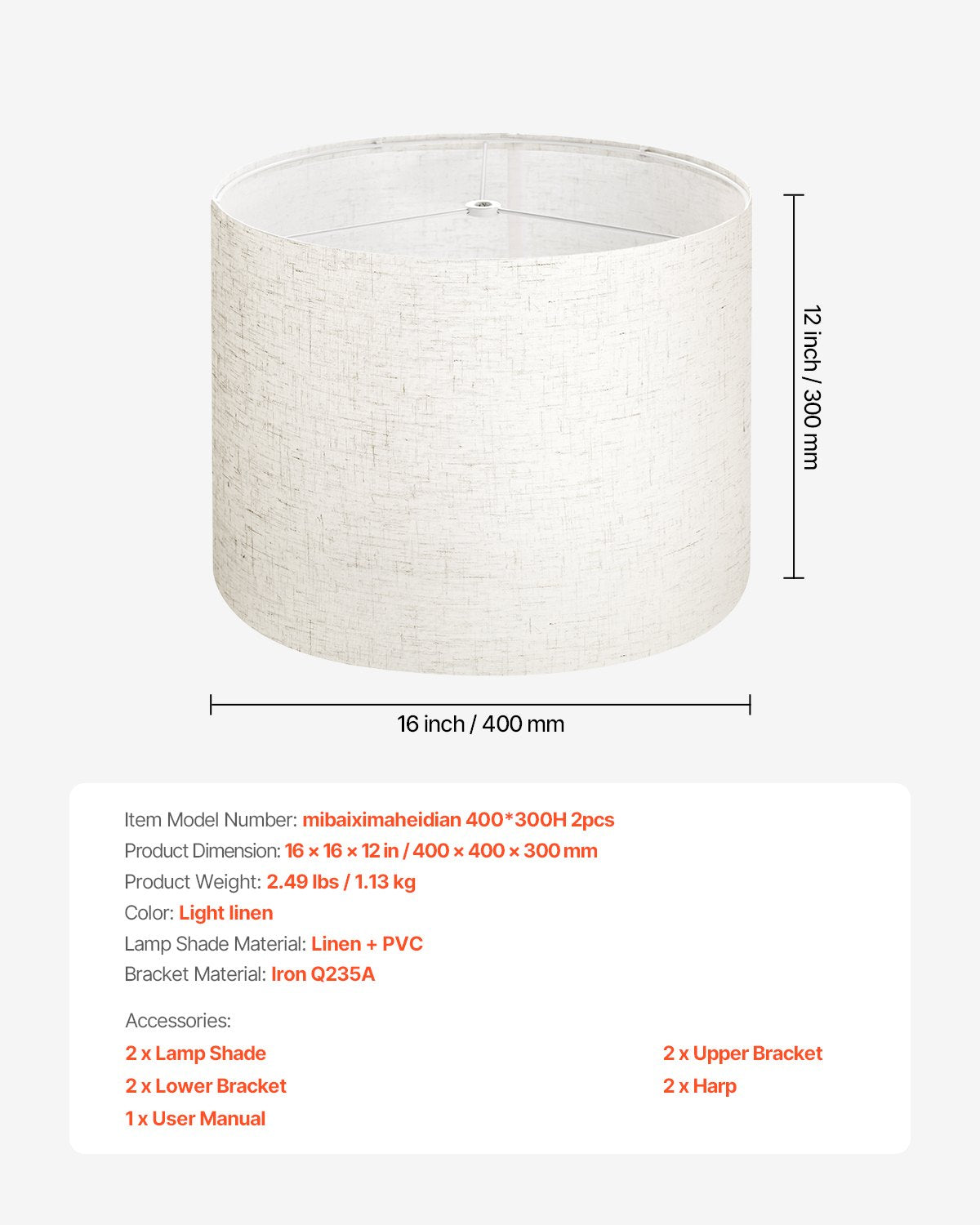 Elegant Drum Lamp Shade Set of 2 - 16" x 12" Large Light Linen for Table, Floor & Pendant Lamps with Harp, Easy Assembly, Durable & Stylish Design