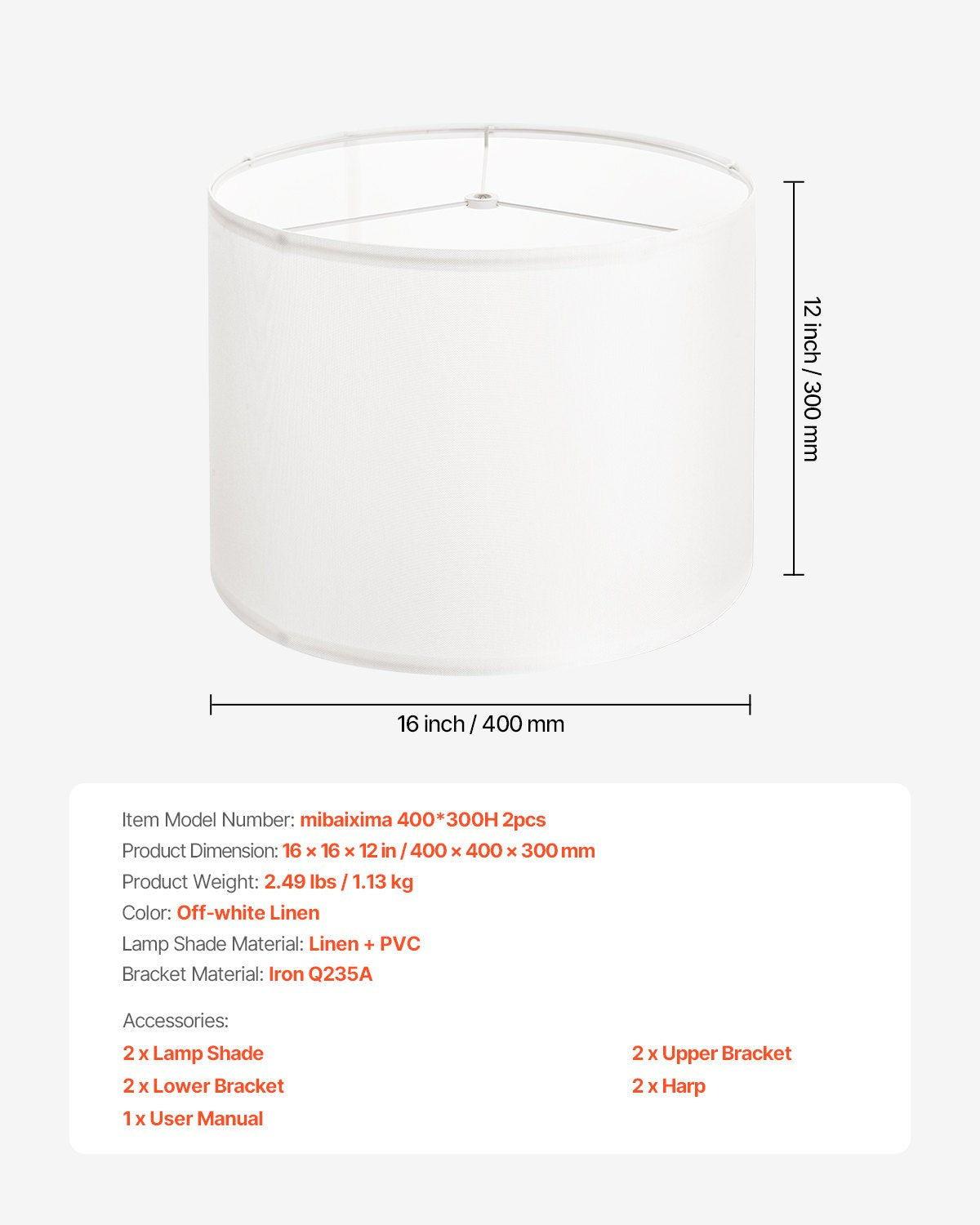 Elegant Off-White Drum Lamp Shade Set, 16x16x12 Inch, Ideal Replacement for Table, Floor, Pendant Lamps, Easy Assembly, Linen Design
