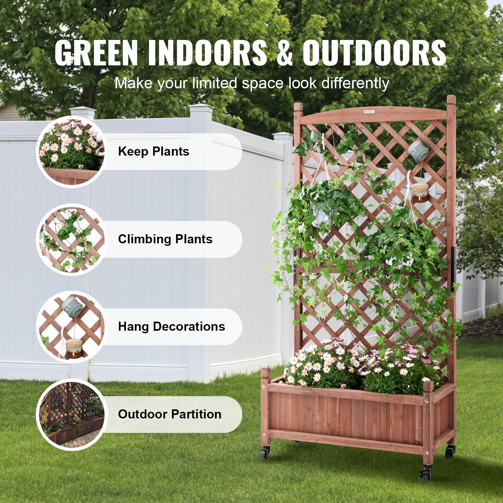 Walnut Raised Garden Bed with Trellis - Durable Fir Wood Planter Box with Drainage for Climbing Plants, Patio, Balcony, Garden Use
