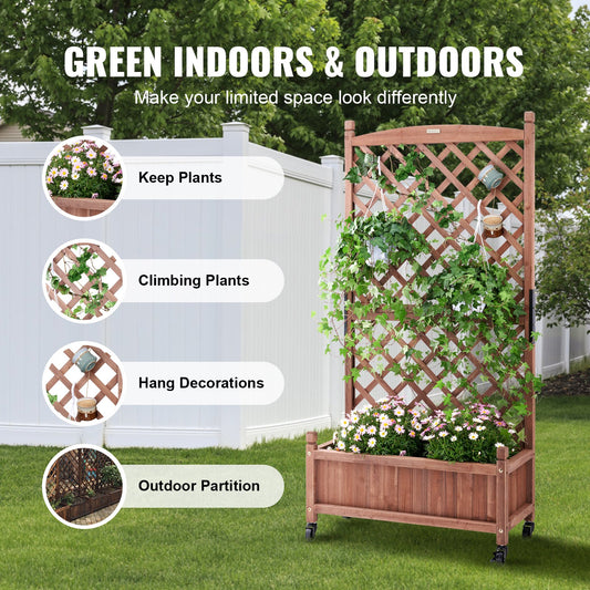 Walnut Raised Garden Bed with Trellis - Durable Fir Wood Planter Box with Drainage for Climbing Plants, Patio, Balcony, Garden Use
