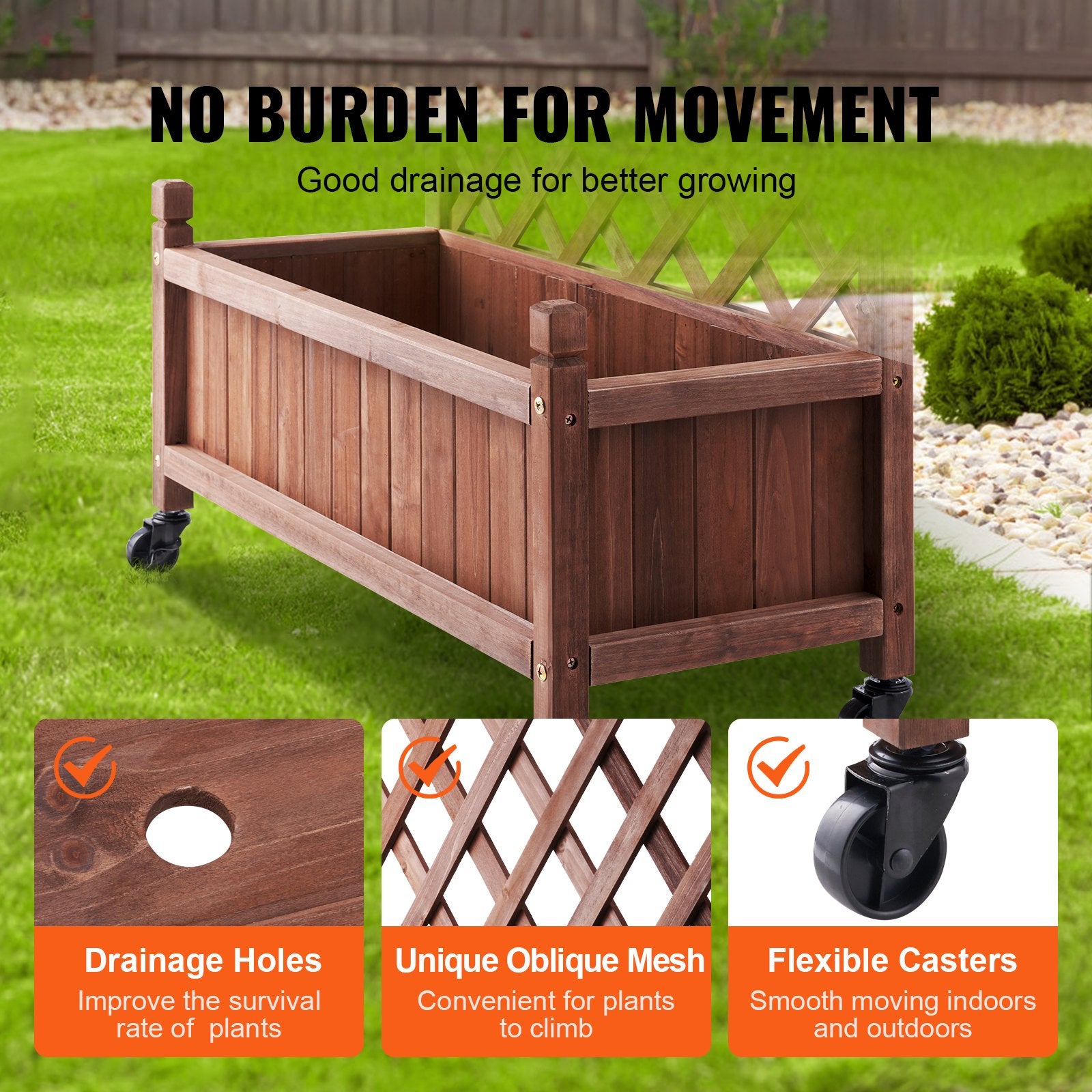 Walnut Raised Garden Bed with Trellis - Durable Fir Wood Planter Box with Drainage for Climbing Plants, Patio, Balcony, Garden Use