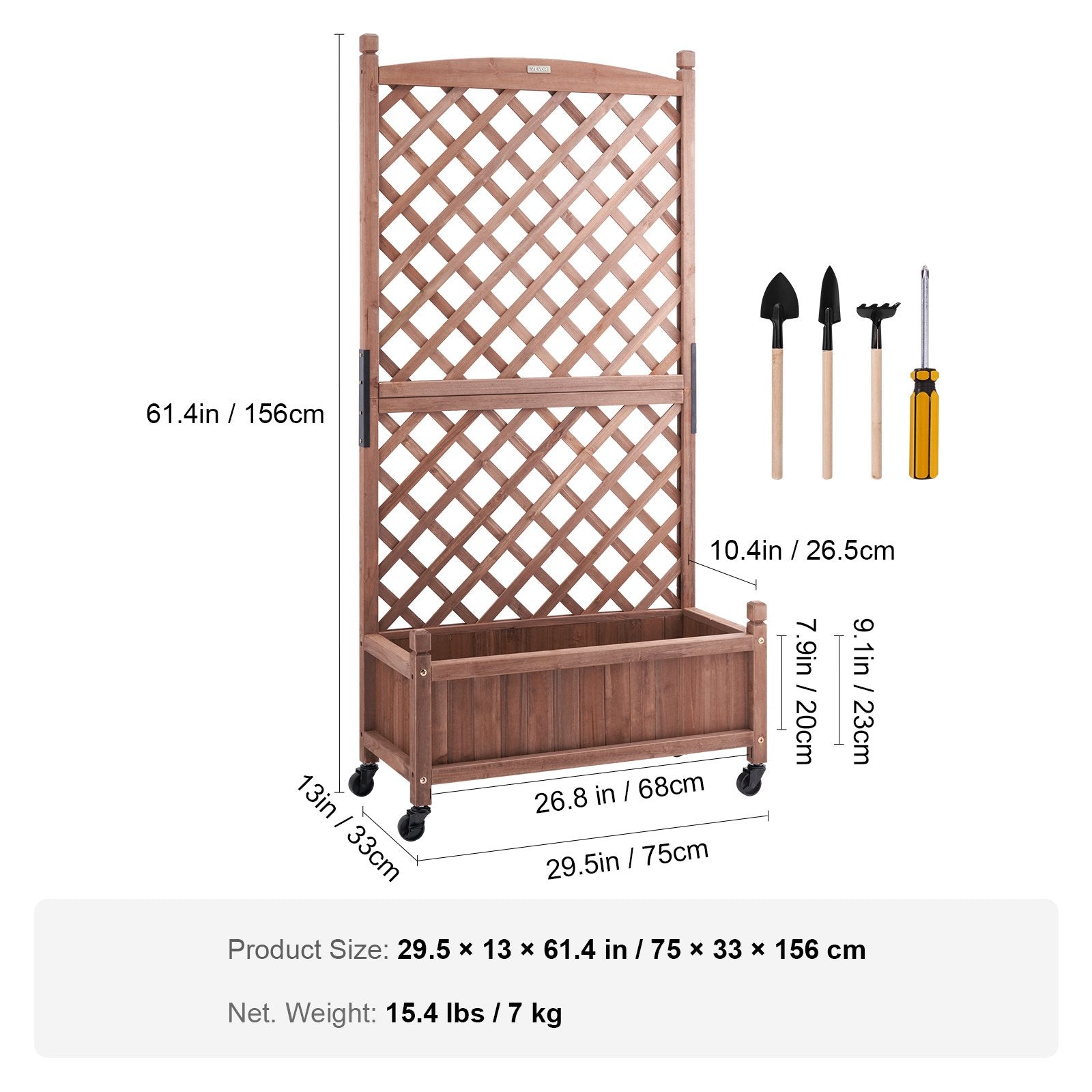Walnut Raised Garden Bed with Trellis - Durable Fir Wood Planter Box with Drainage for Climbing Plants, Patio, Balcony, Garden Use