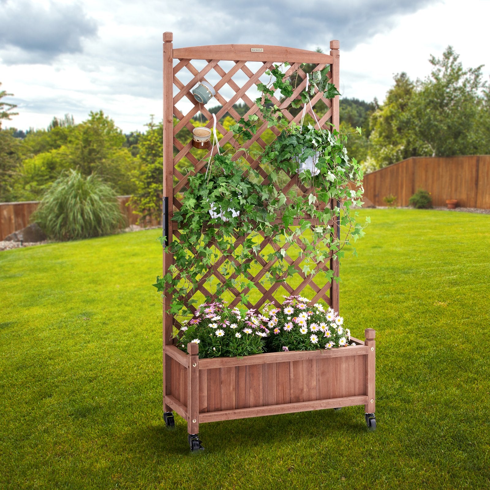 Walnut Raised Garden Bed with Trellis - Durable Fir Wood Planter Box with Drainage for Climbing Plants, Patio, Balcony, Garden Use