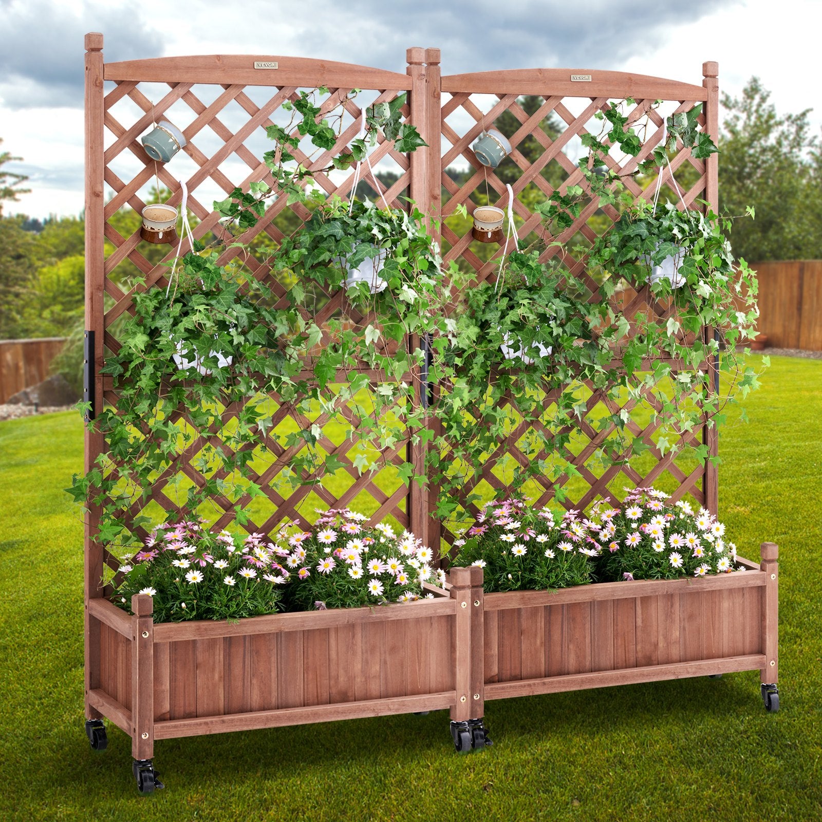 2PCS Wooden Raised Garden Bed with Trellis for Vines | Outdoor Planters with Drainage, Durable Free-Standing Boxes for Patio Flowers & Climbing Plants