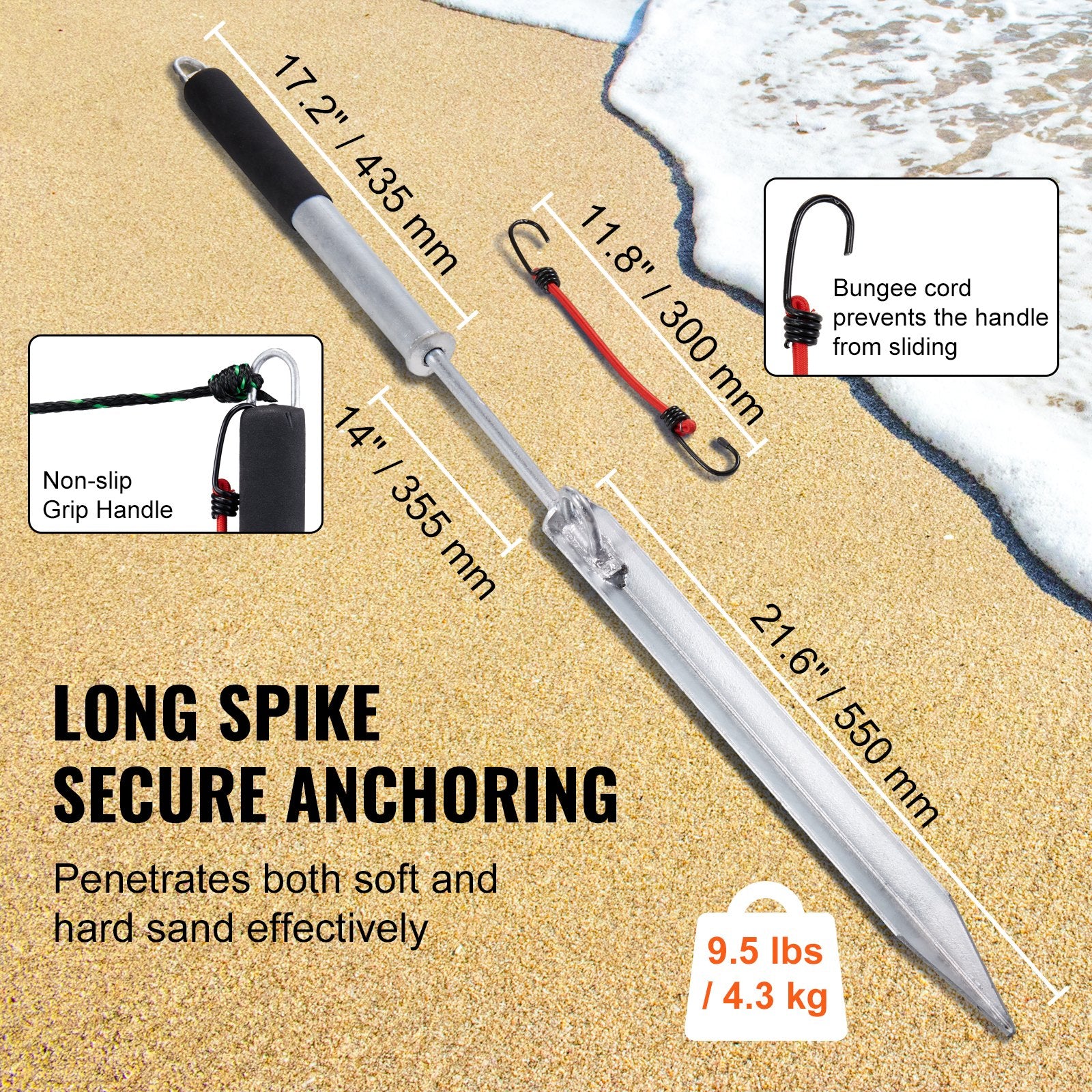 36" Self-Hammering Sand Spike Anchor for Boats, Jetskis & Kayaks - Galvanized Steel Shore Spike with Storage Bag & Bungee Cord