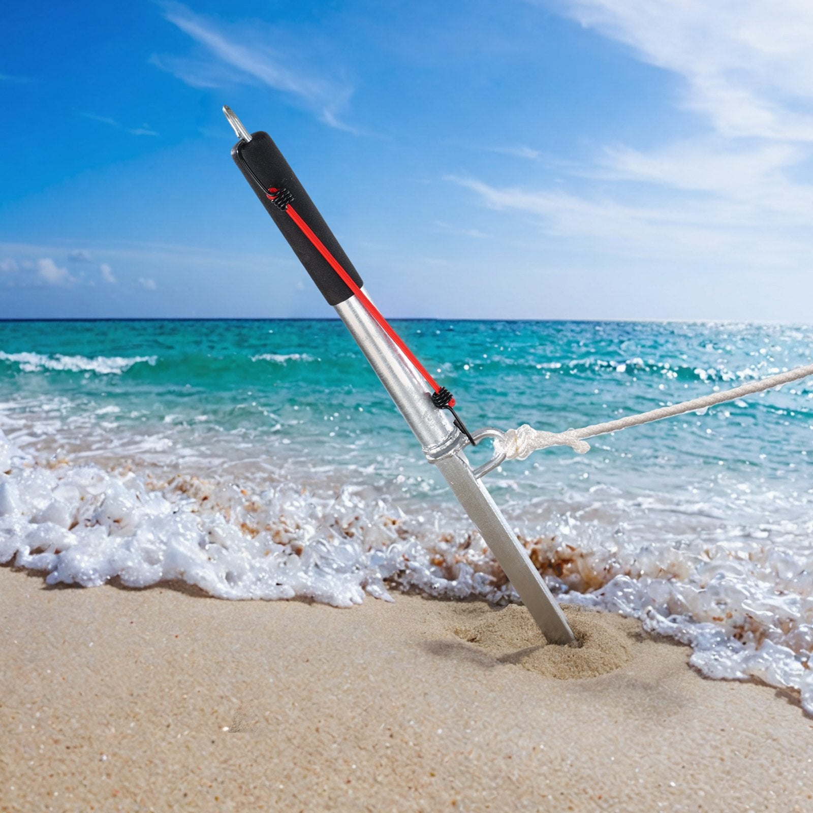 36" Self-Hammering Sand Spike Anchor for Boats, Jetskis & Kayaks - Galvanized Steel Shore Spike with Storage Bag & Bungee Cord