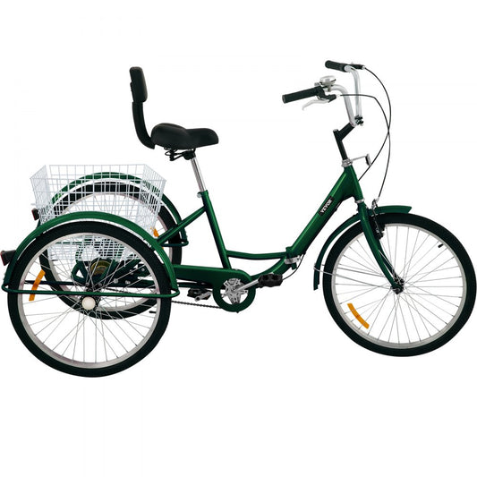 VEVOR Foldable Tricycle 24’’ Wheels, 1-Speed Green Trike, 3 Wheels Colorful Bike With Basket, Portable And Foldable Bicycle for Adults Exercise Shopping  Picnic Outdoor Activities