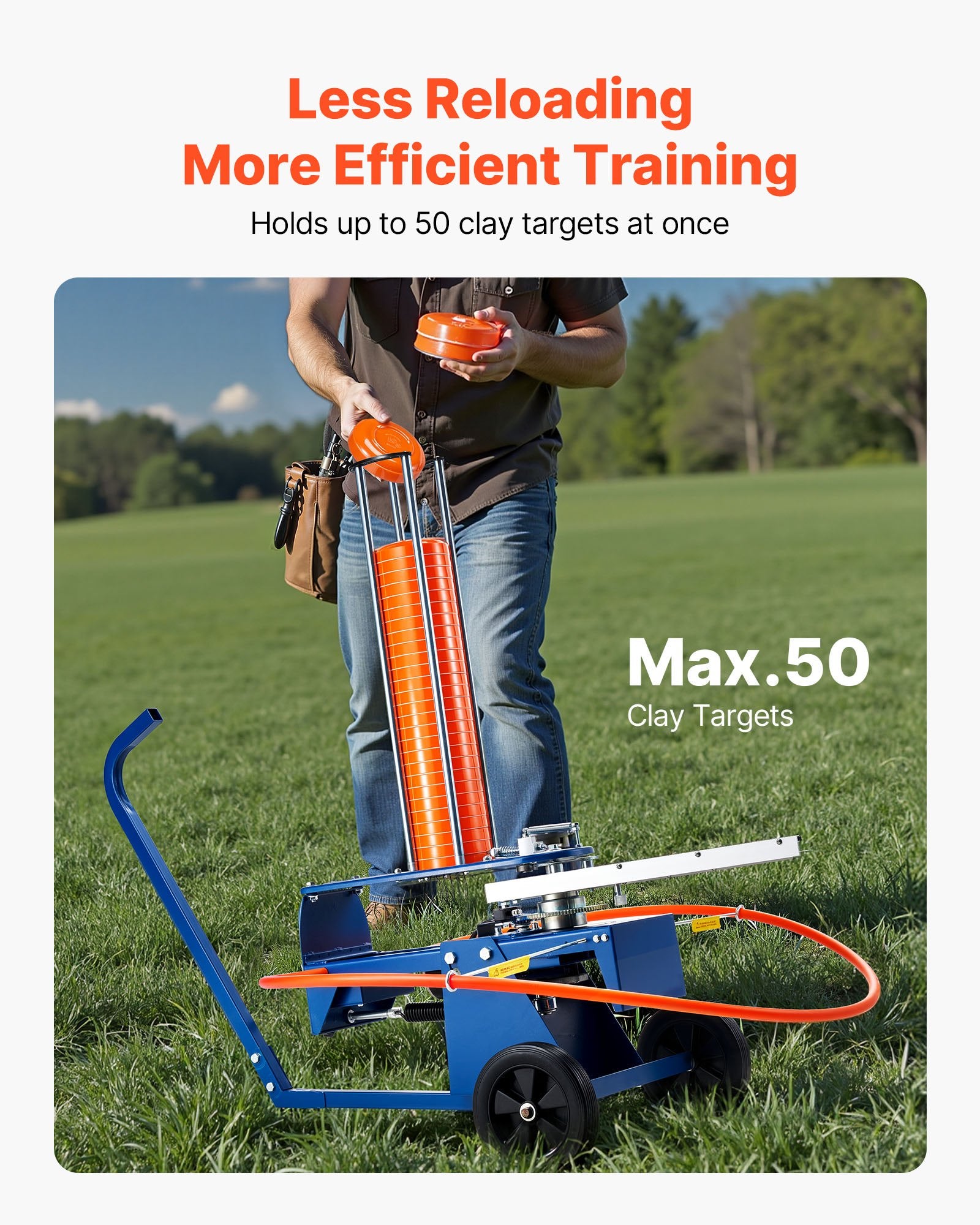 Effortless Clay Target Thrower: 50 Clays Capacity, 55+ Yards Range, Adjustable Angle, Portable Skeet & Trap Launcher with Foot Pedal