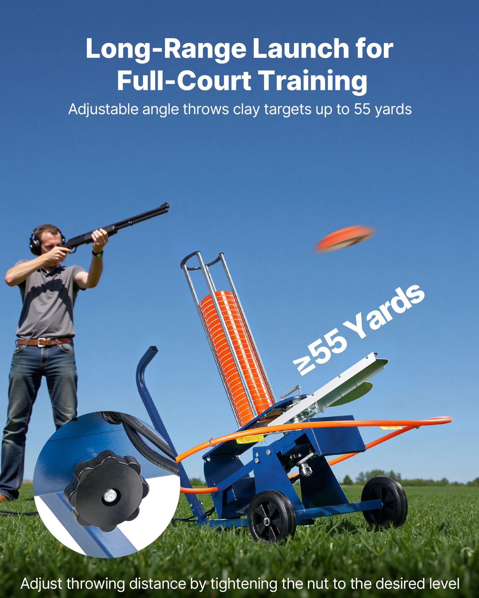 Effortless Clay Target Thrower: 50 Clays Capacity, 55+ Yards Range, Adjustable Angle, Portable Skeet & Trap Launcher with Foot Pedal