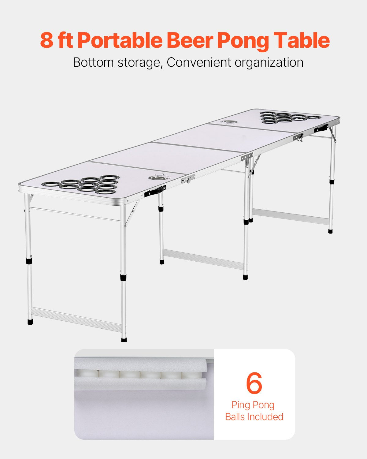 8-Foot Folding Beer Pong Table with Cup Holes, Adjustable Height, Dry Erase Surface, Lightweight for Tailgating, Camping, and Office Parties