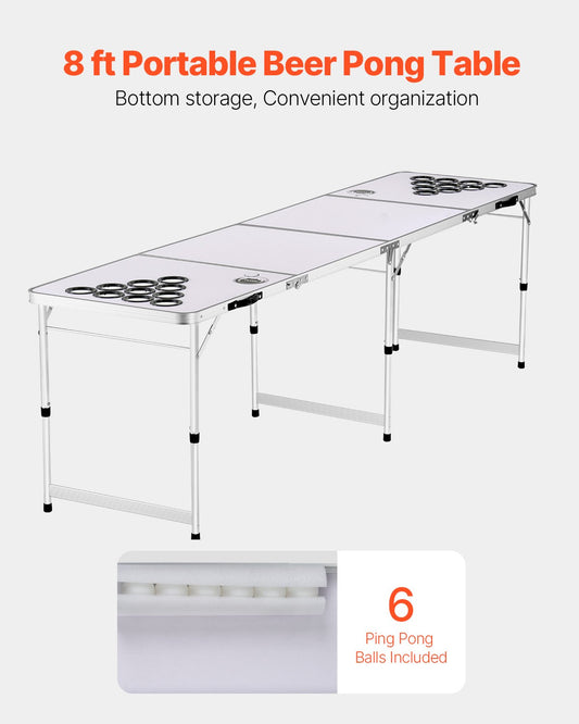 8-Foot Folding Beer Pong Table with Cup Holes, Adjustable Height, Dry Erase Surface, Lightweight for Tailgating, Camping, and Office Parties