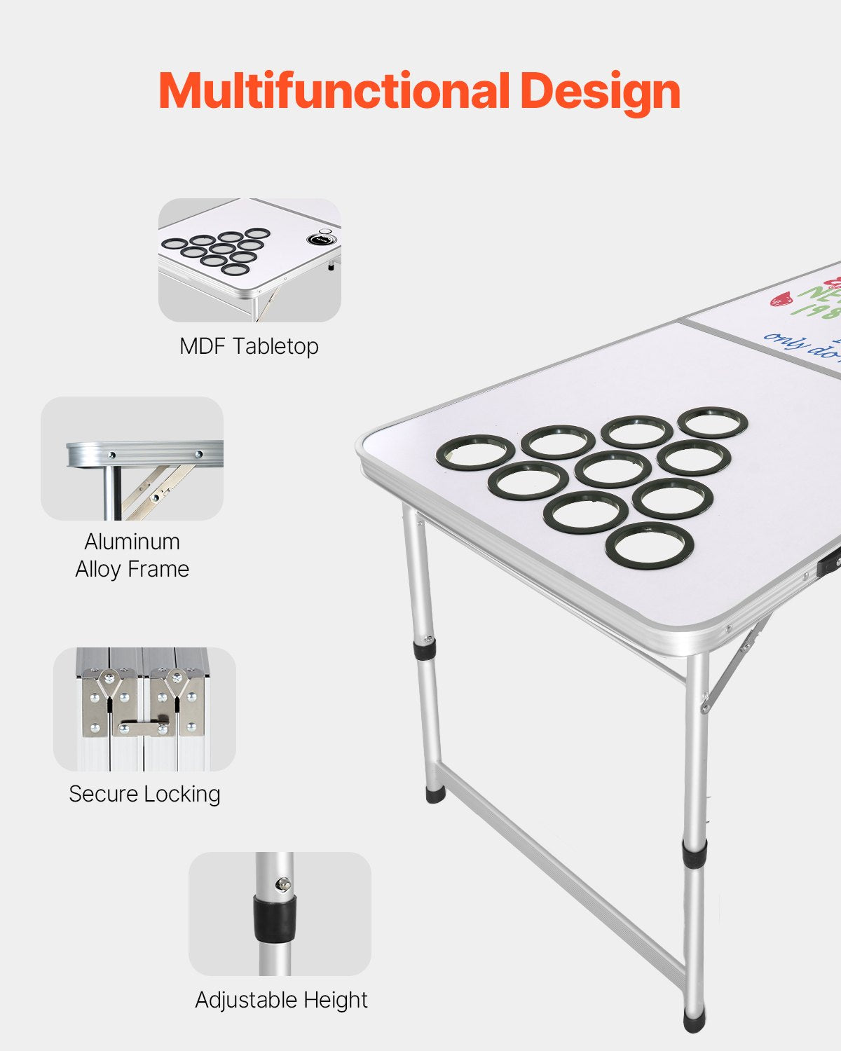 8-Foot Folding Beer Pong Table with Cup Holes, Adjustable Height, Dry Erase Surface, Lightweight for Tailgating, Camping, and Office Parties